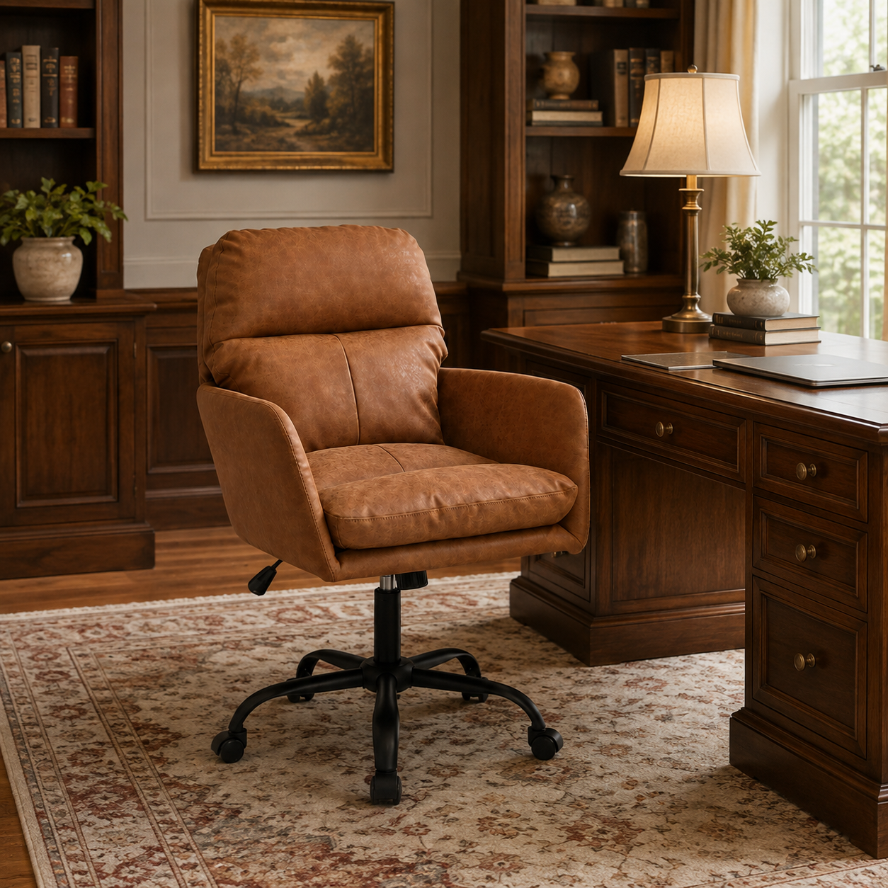 Norven brown padded arm office chair in a warm study with bookcases and wood furniture