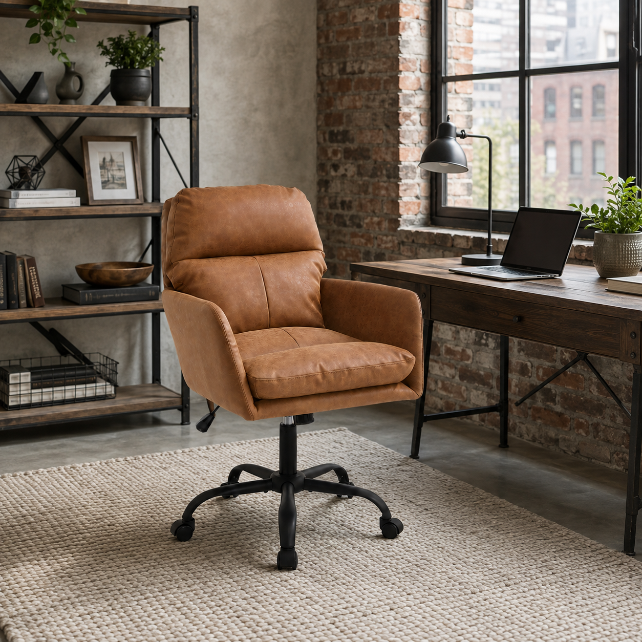 Norven brown swivel office chair beside a desk in a classic home workspace