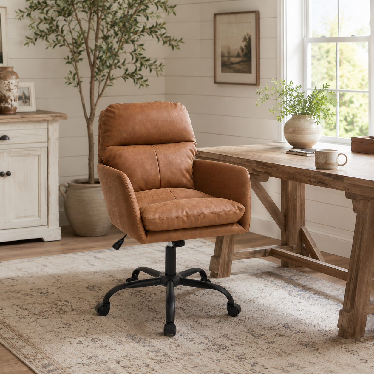 Norven brown faux leather office chair in a bright room with natural light and plants