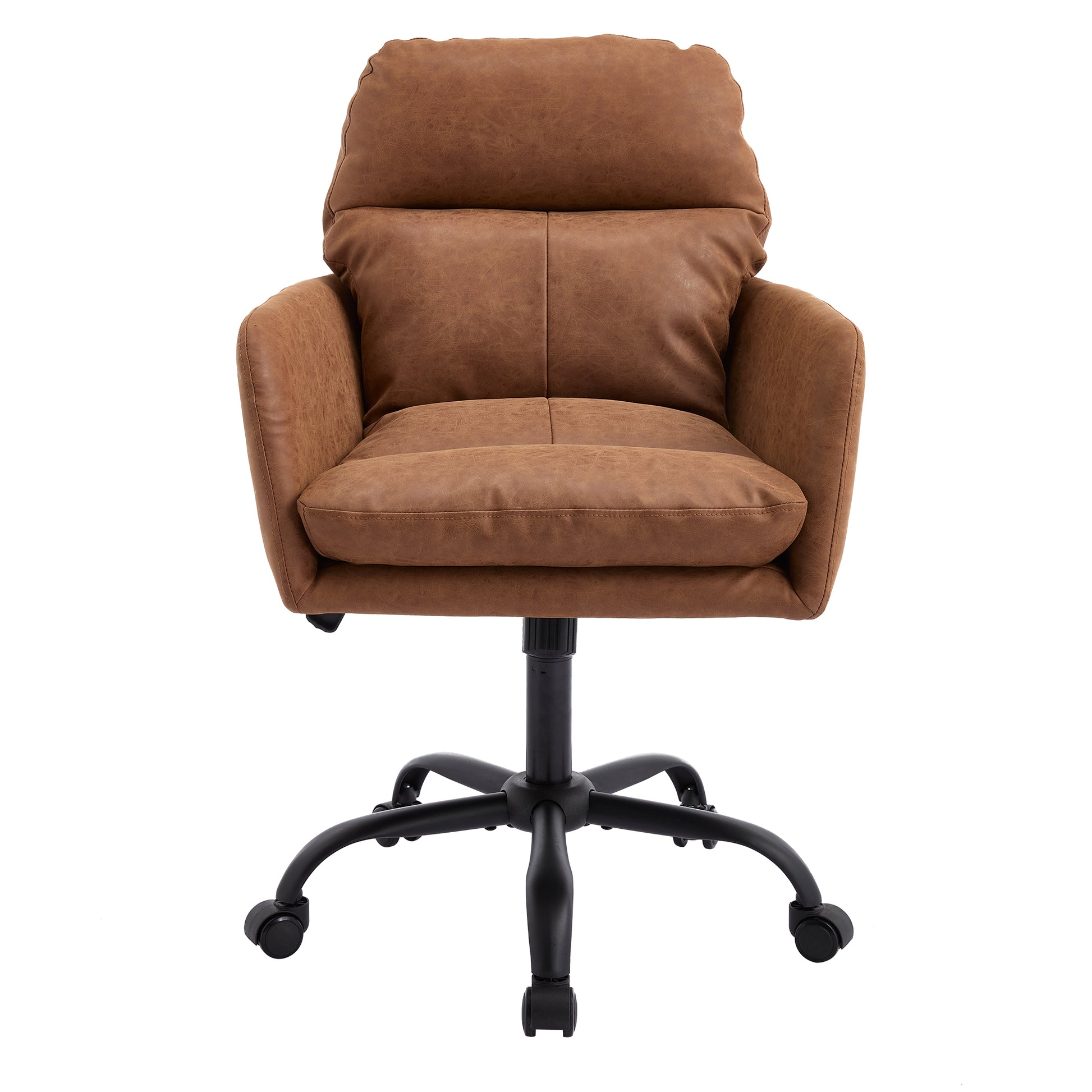 Norven brown faux leather swivel office chair straight front view on white background