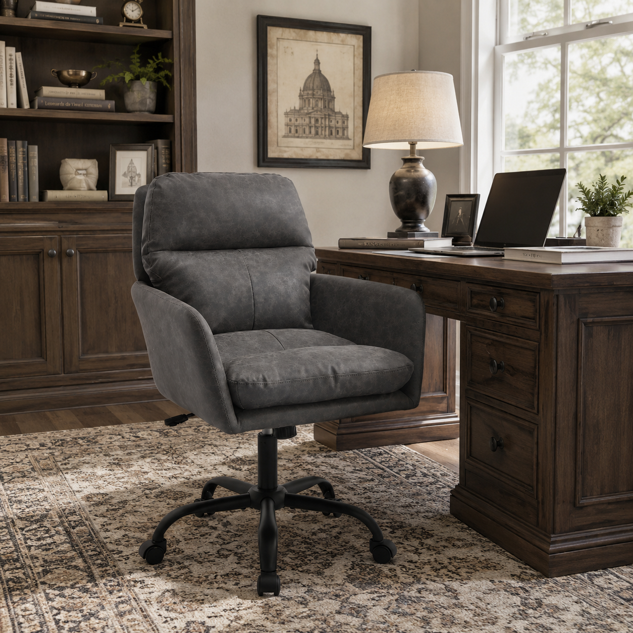 Norven gray faux leather swivel office chair in a modern home office with wood desk