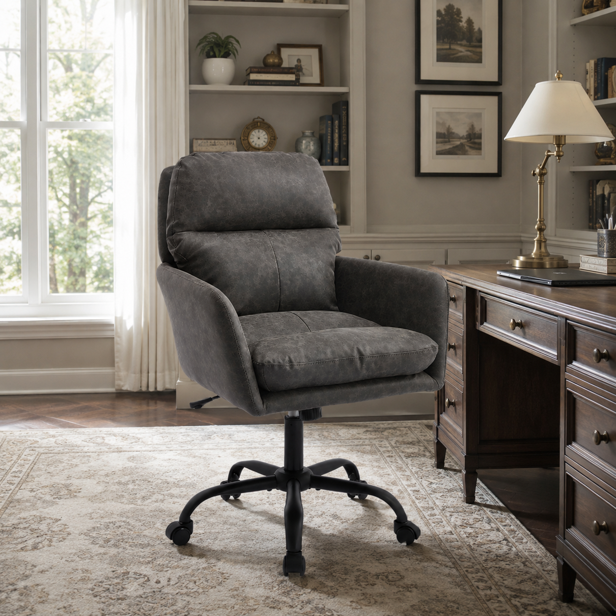 Norven gray padded arm office chair in a bright workspace with neutral decor