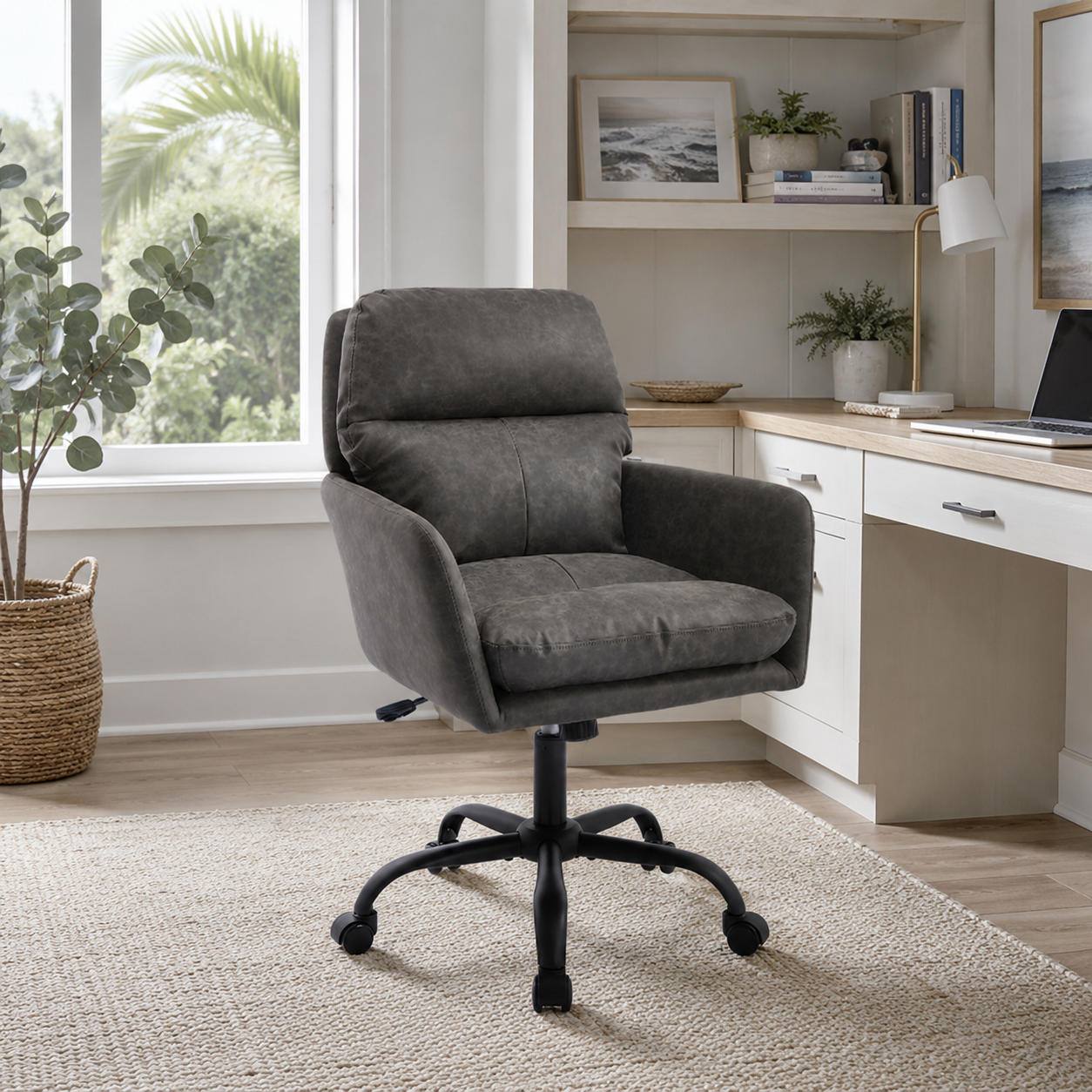 Norven gray swivel office chair beside a desk in a contemporary study