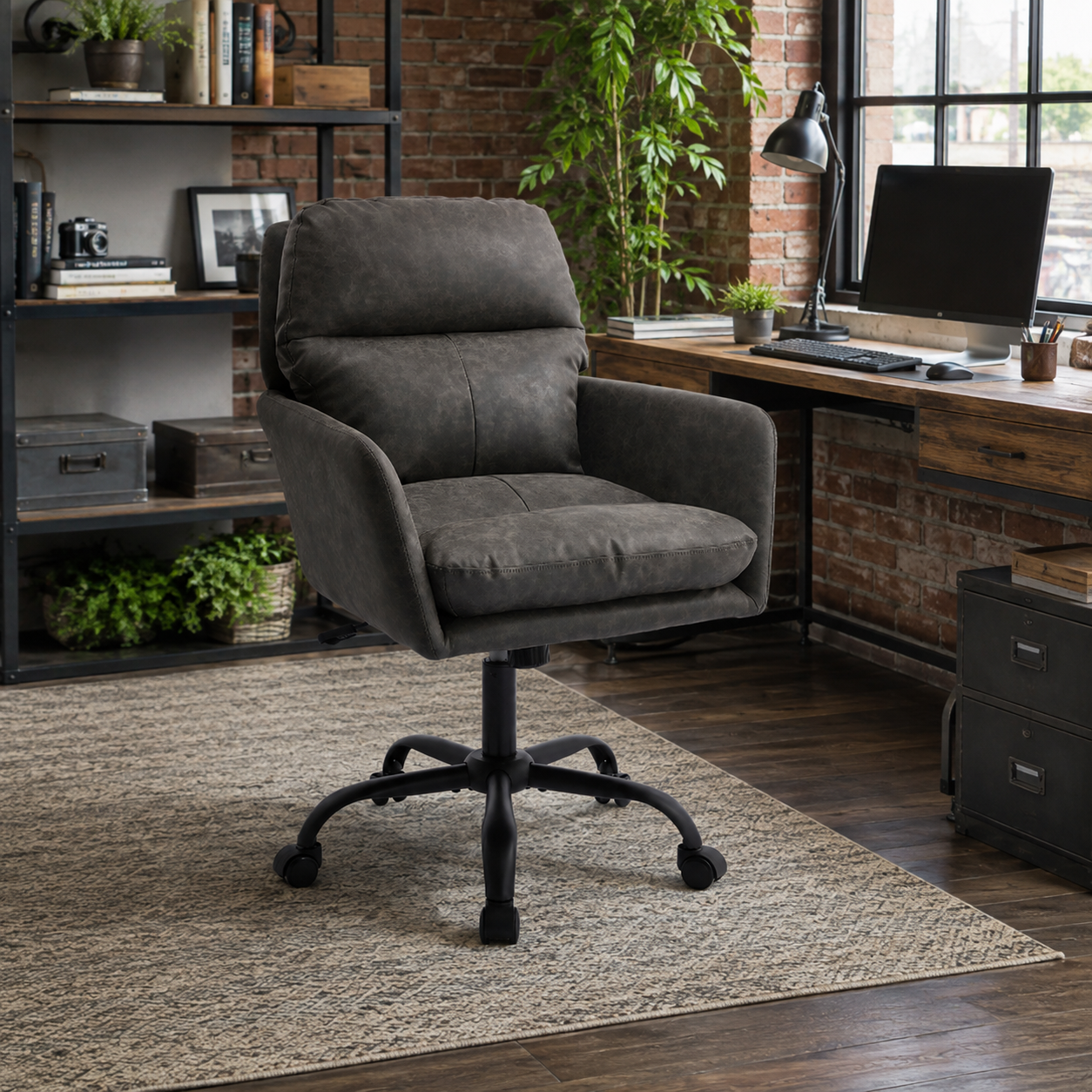 Norven gray faux leather office chair in a cozy room with dark wood furniture