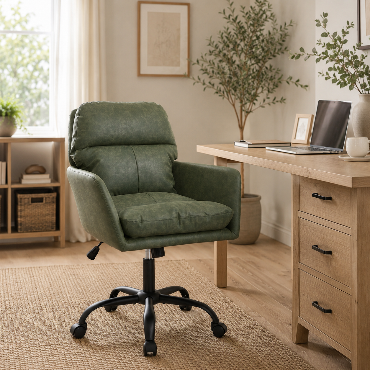Norven green faux leather swivel office chair in a bright home office with wood furniture
