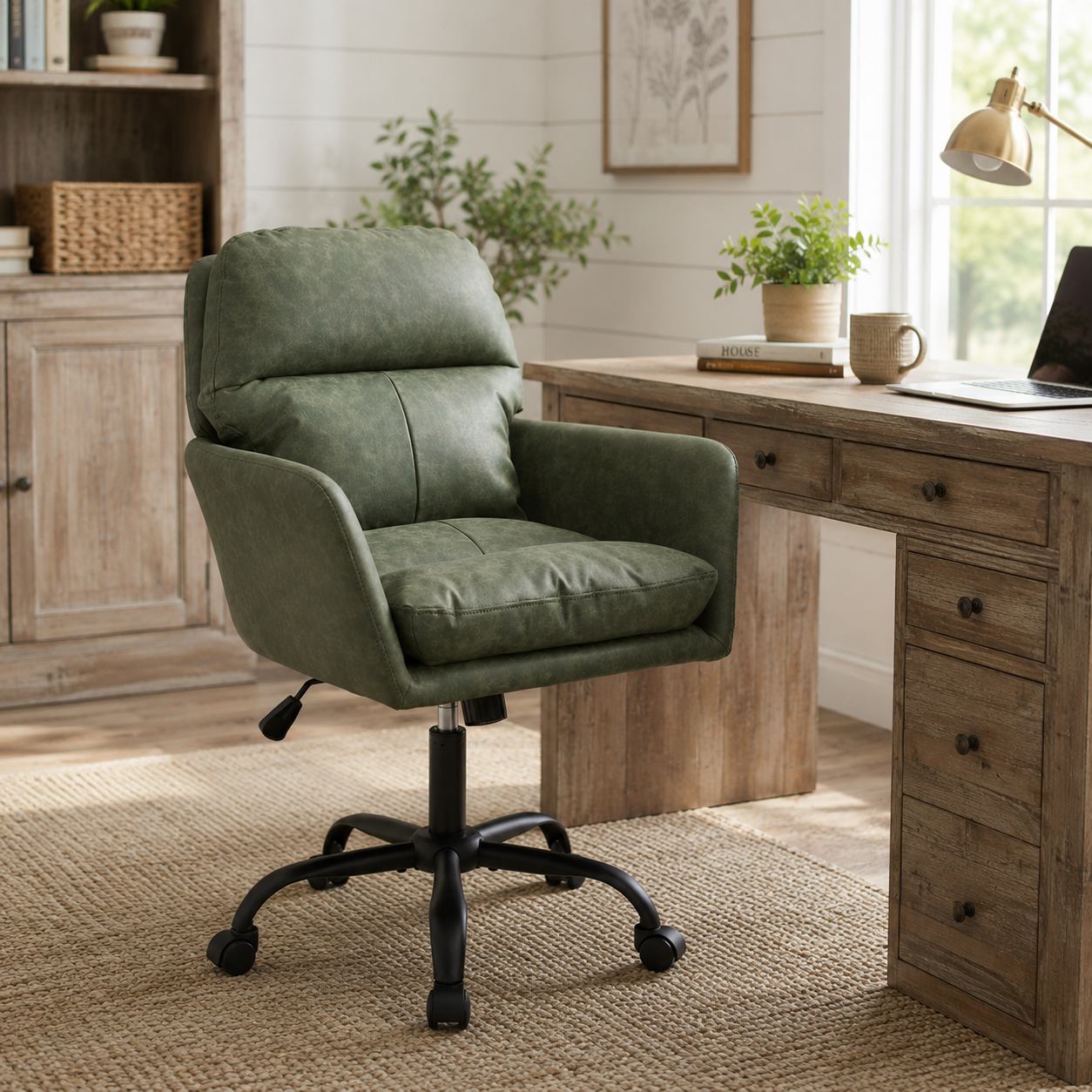 Norven green padded arm office chair in a cozy workspace with natural light