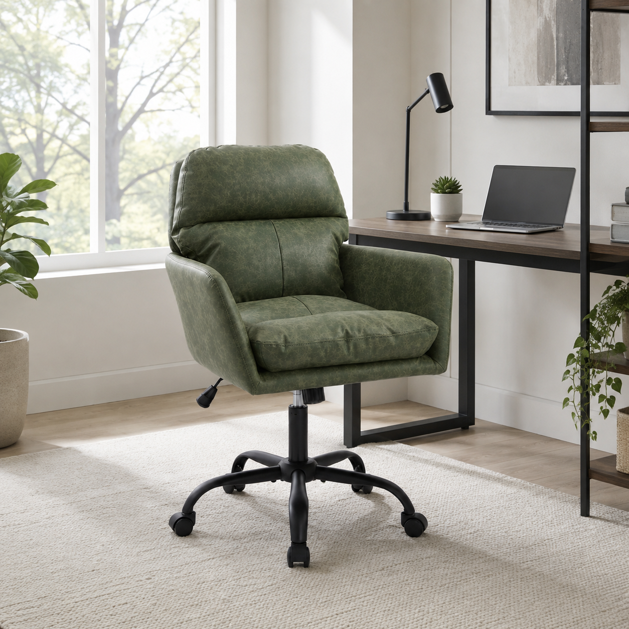 Norven green swivel office chair beside a wood desk in a warm modern room