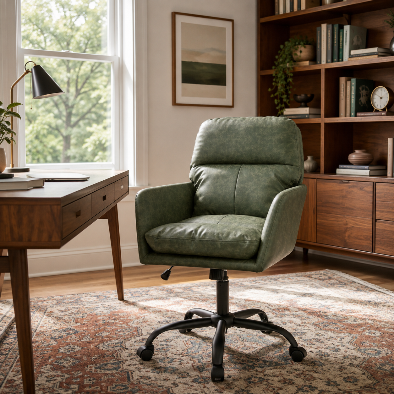 Norven green faux leather office chair in a stylish study with neutral decor