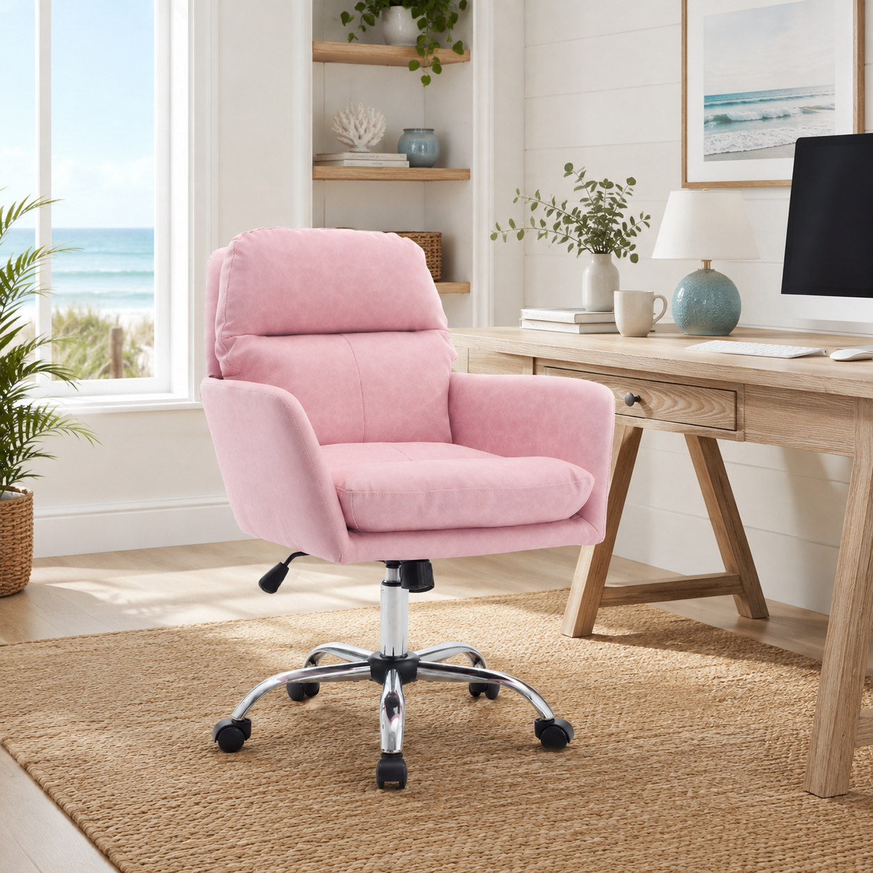 Norven pink padded arm office chair in a cozy workspace with soft neutral decor