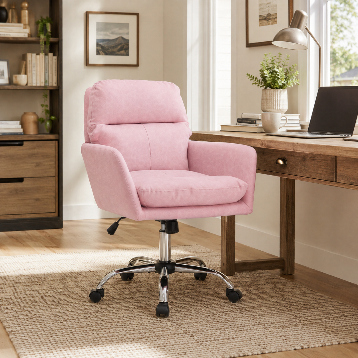 Norven pink swivel office chair beside a desk in a warm modern room