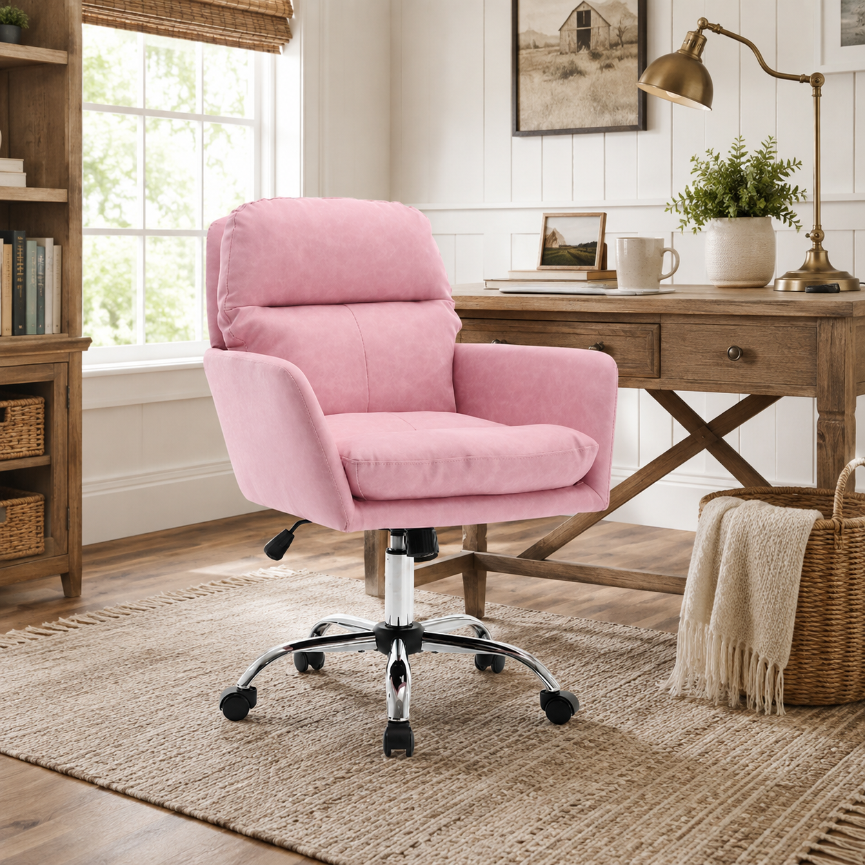 Norven pink faux leather office chair in a bright room with natural light
