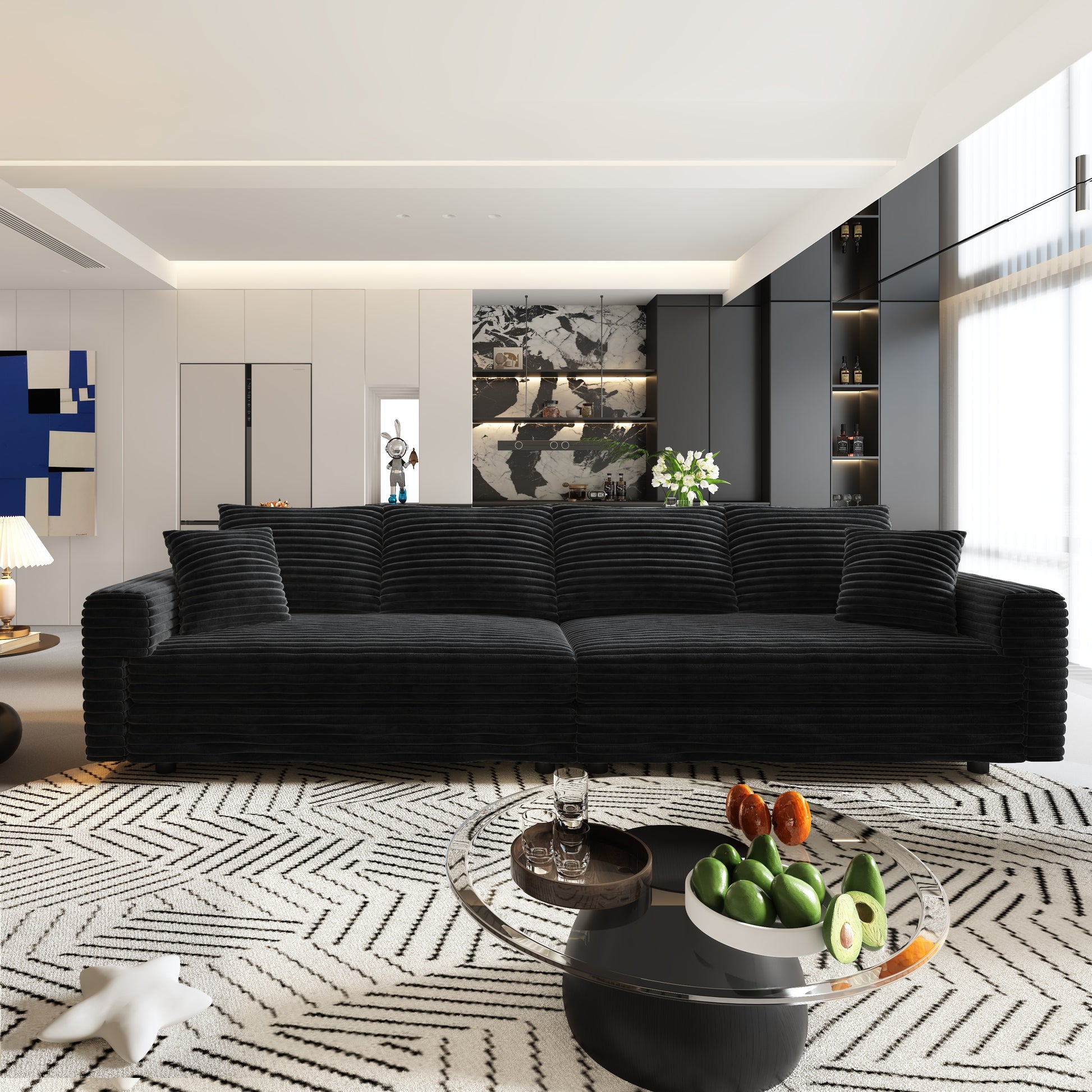  Norwalk black corduroy modular sofa front view in modern apartment living room