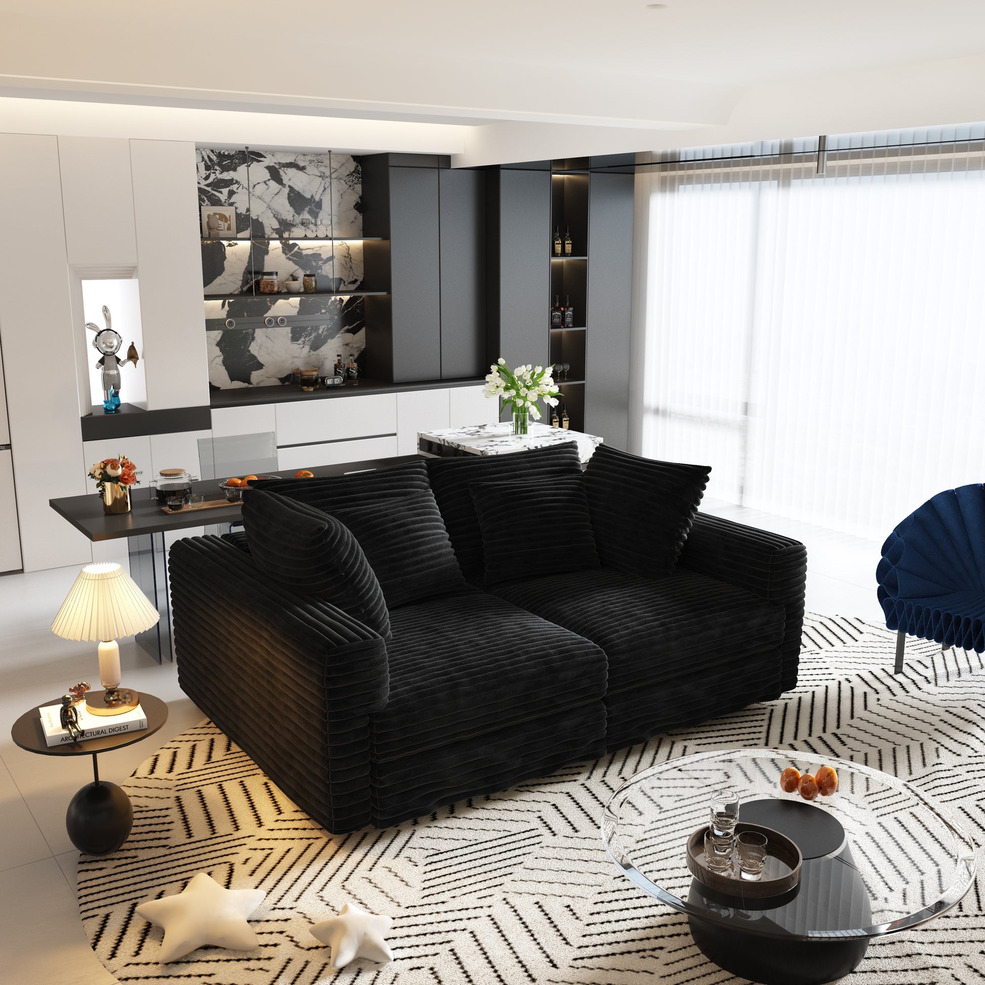 Norwalk black plush corduroy modular sofa in contemporary lounge space