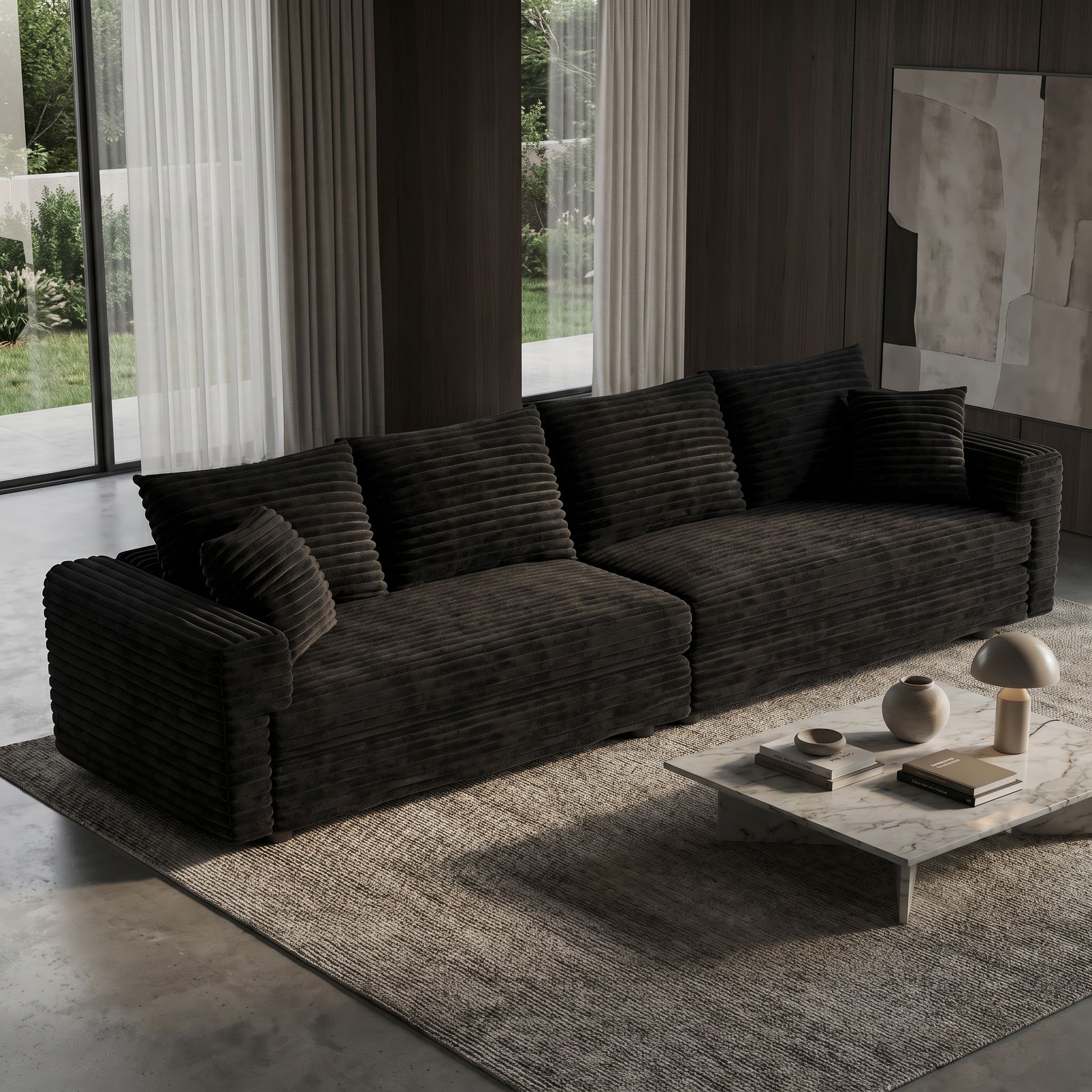  Norwalk black deep seat modular sofa with oversized pillows in modern home interior