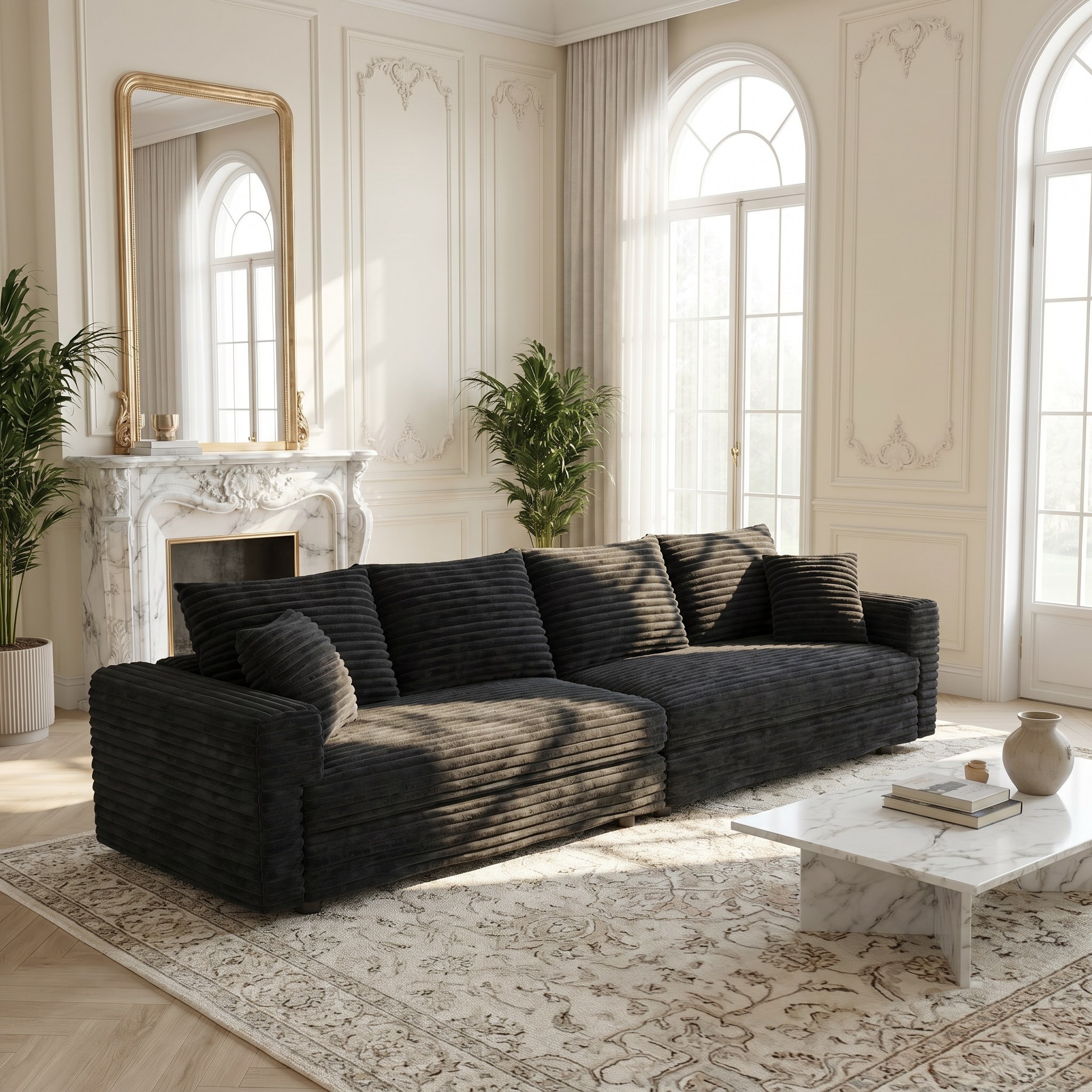 Norwalk black corduroy modular sofa in elegant bright living room with fireplace