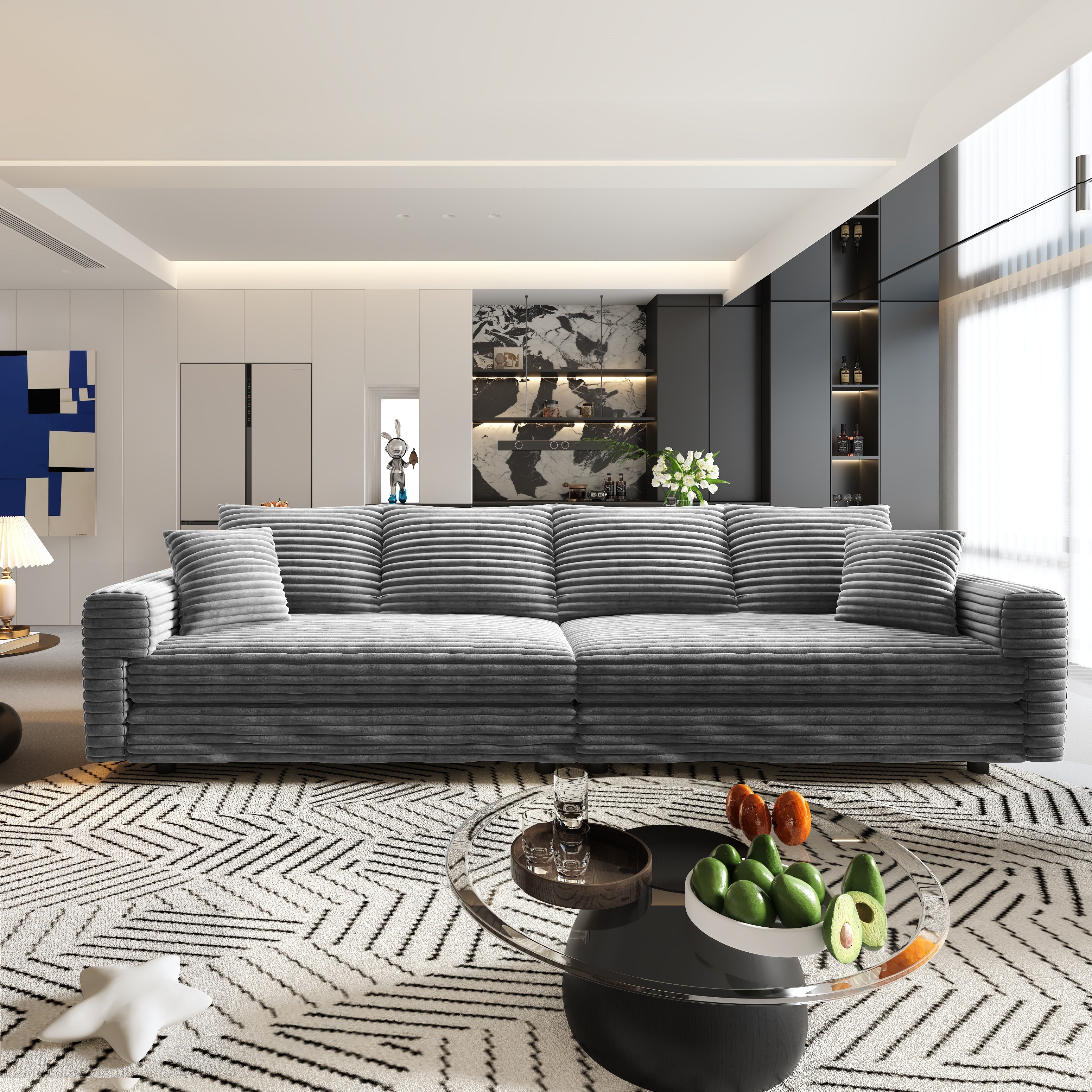 Norwalk grey corduroy modular sofa front view in modern open living room
