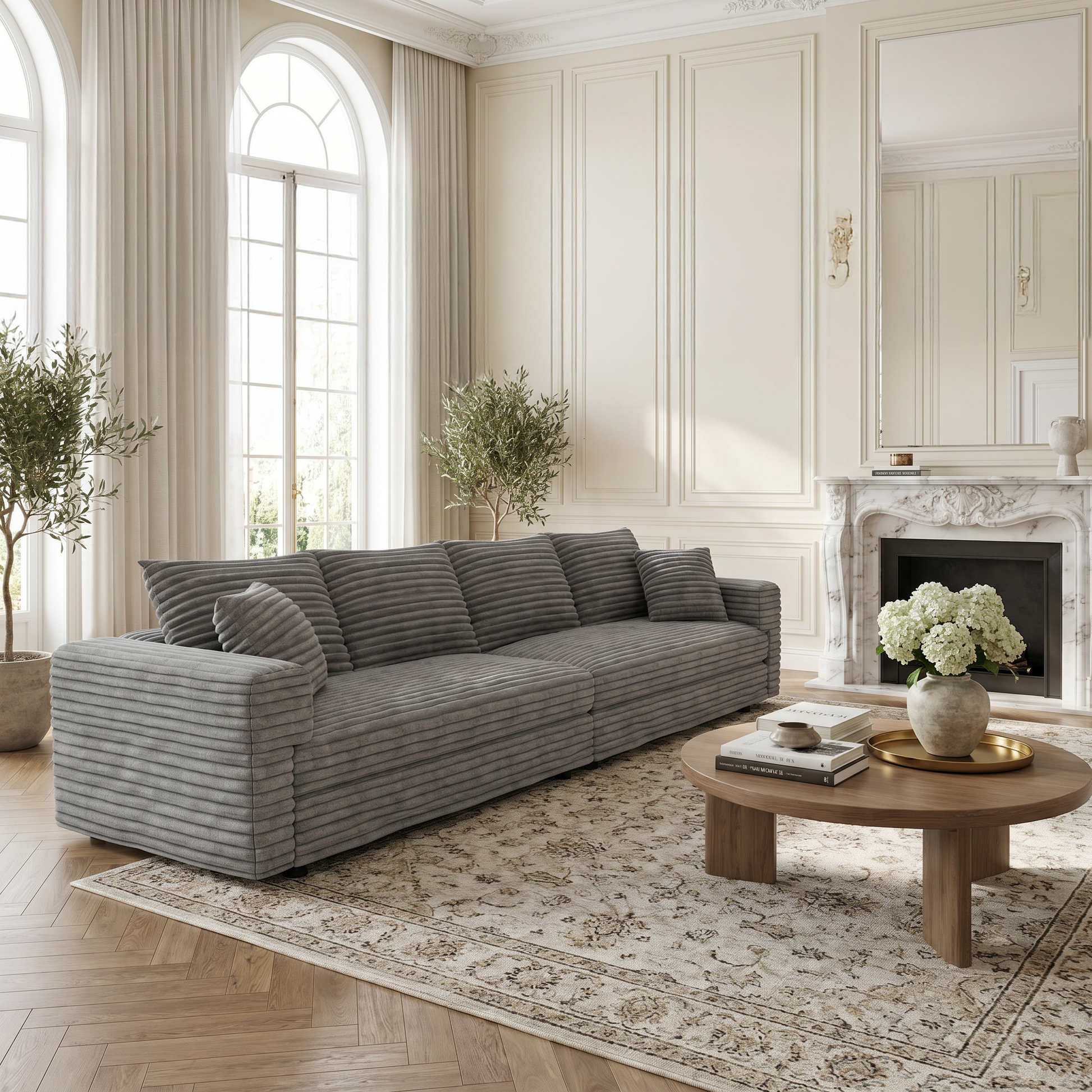 Norwalk grey deep seat corduroy modular sofa in elegant living room with fireplace