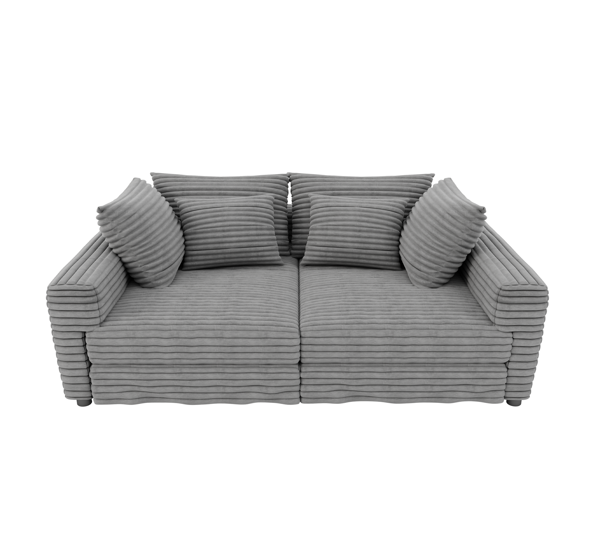 Norwalk grey plush corduroy modular sofa with oversized pillows on white background