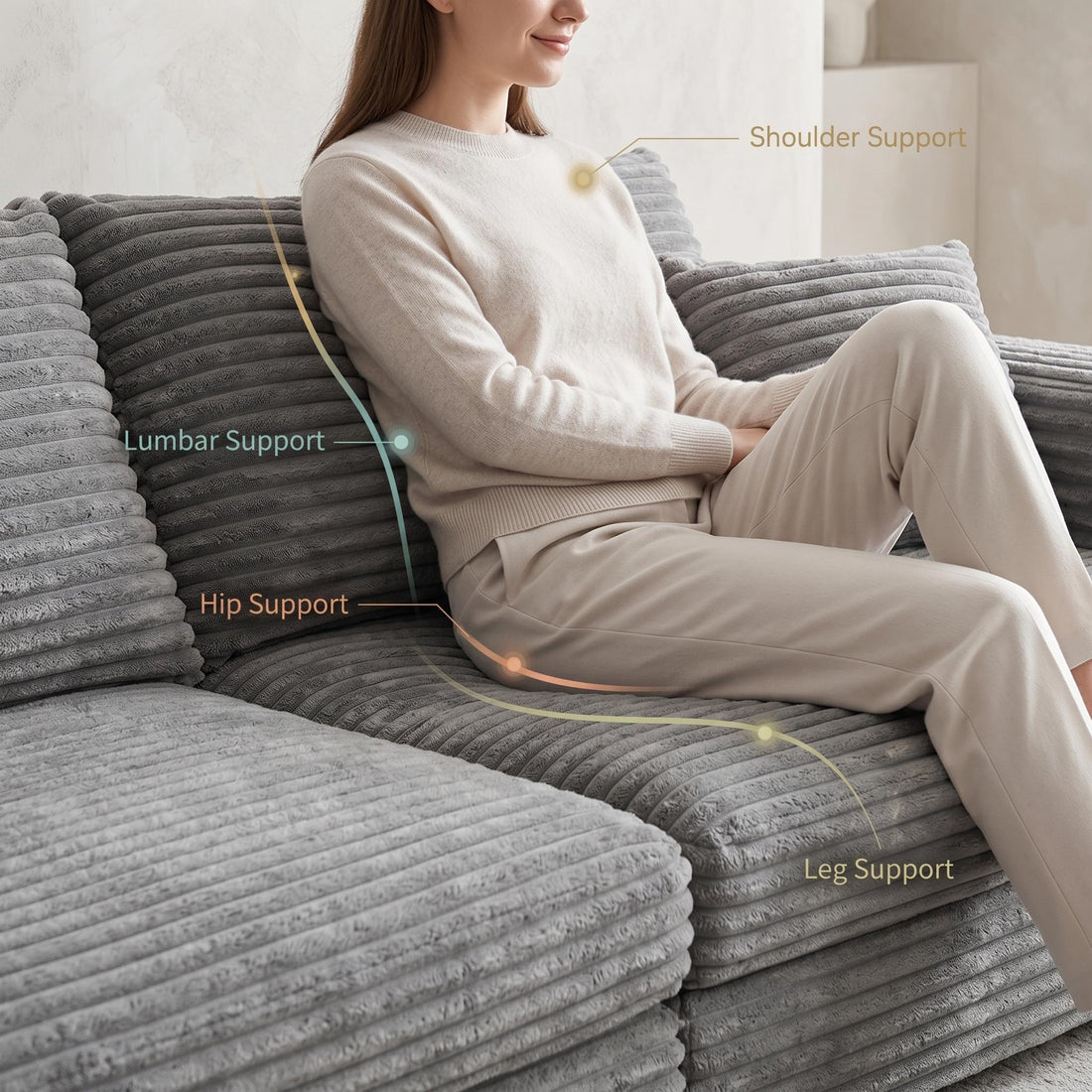 Norwalk grey modular sofa lifestyle detail showing shoulder, lumbar, hip and leg support