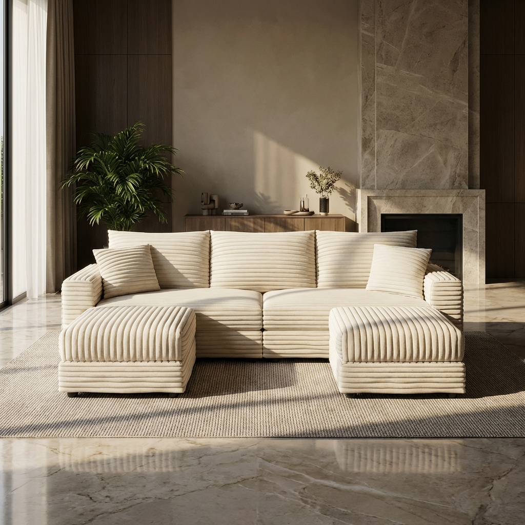 Beige U-shaped corduroy sectional sofa with two ottomans in modern living room