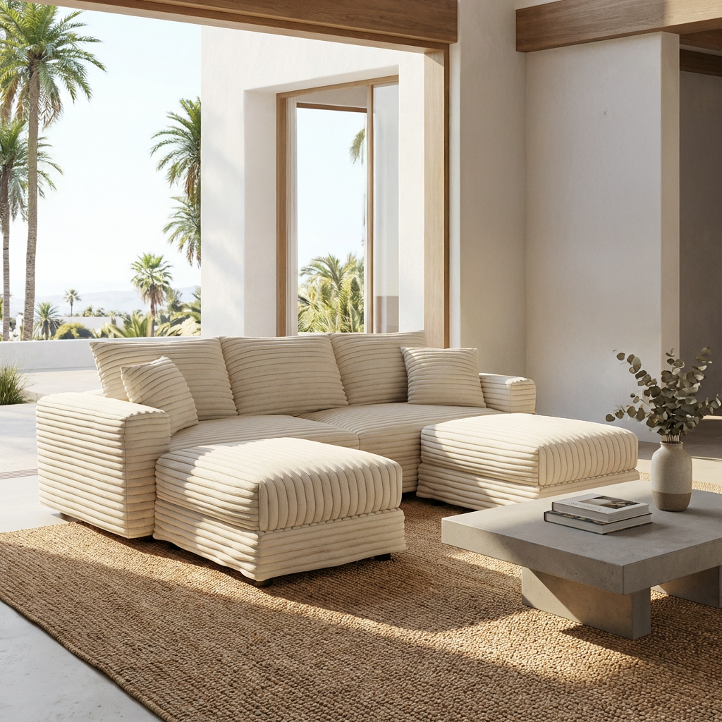 Modular beige sofa with ottomans in bright open lounge setting