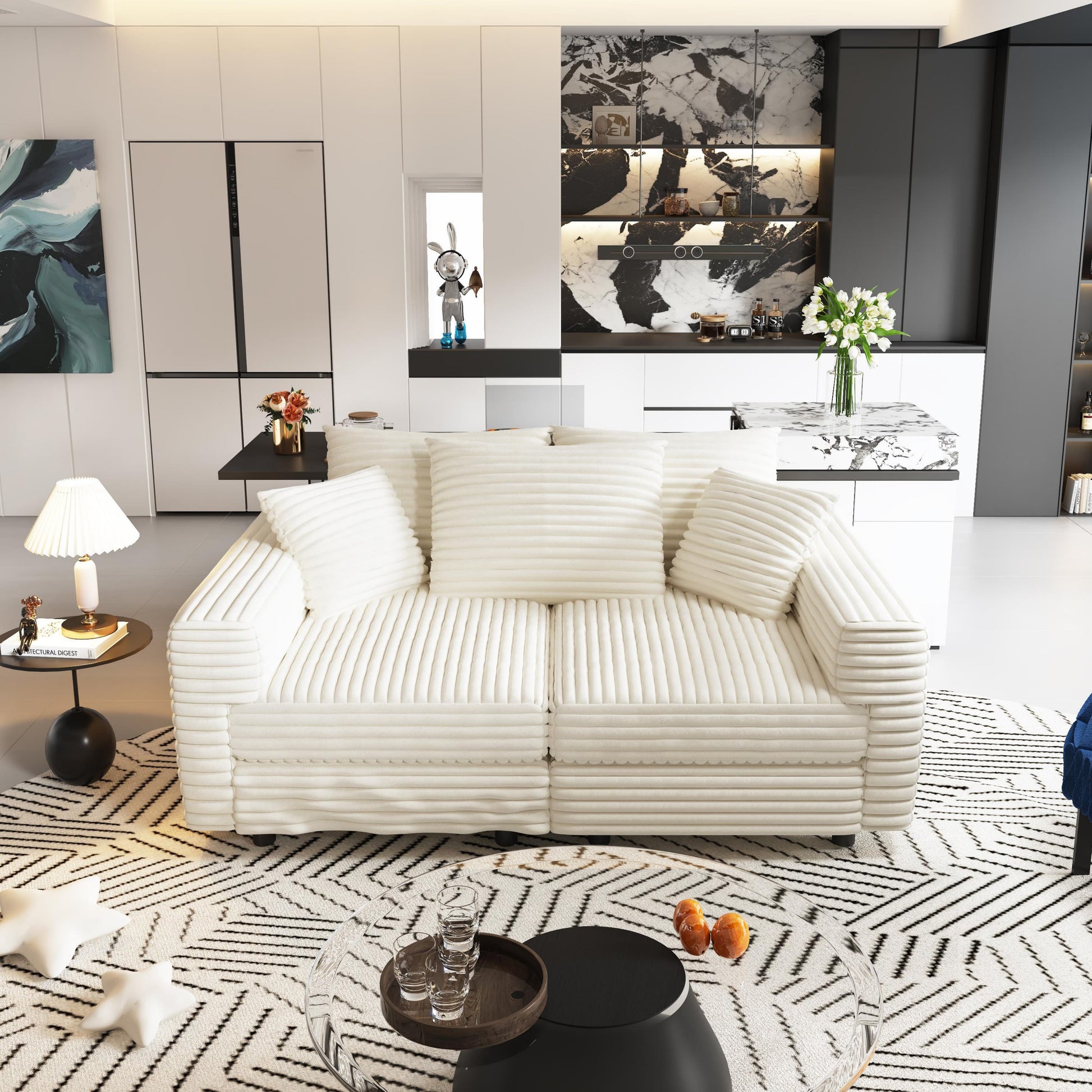  Corduroy beige sofa with ottomans creating relaxed lounge seating