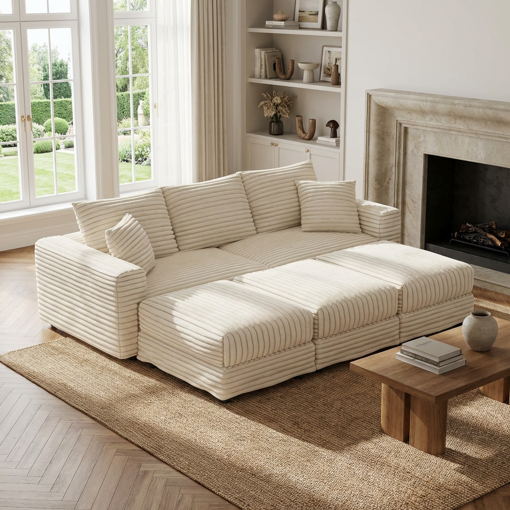 Norwalk beige sectional sofa showing lifestyle chaise style layout with ottomans