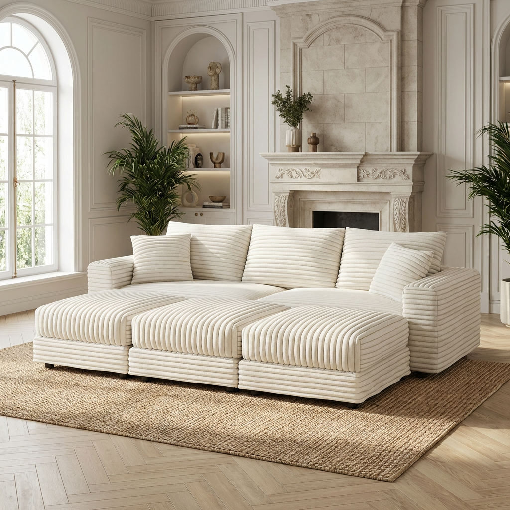 Norwalk beige sectional sofa showing lifestyle wide lounge configuration