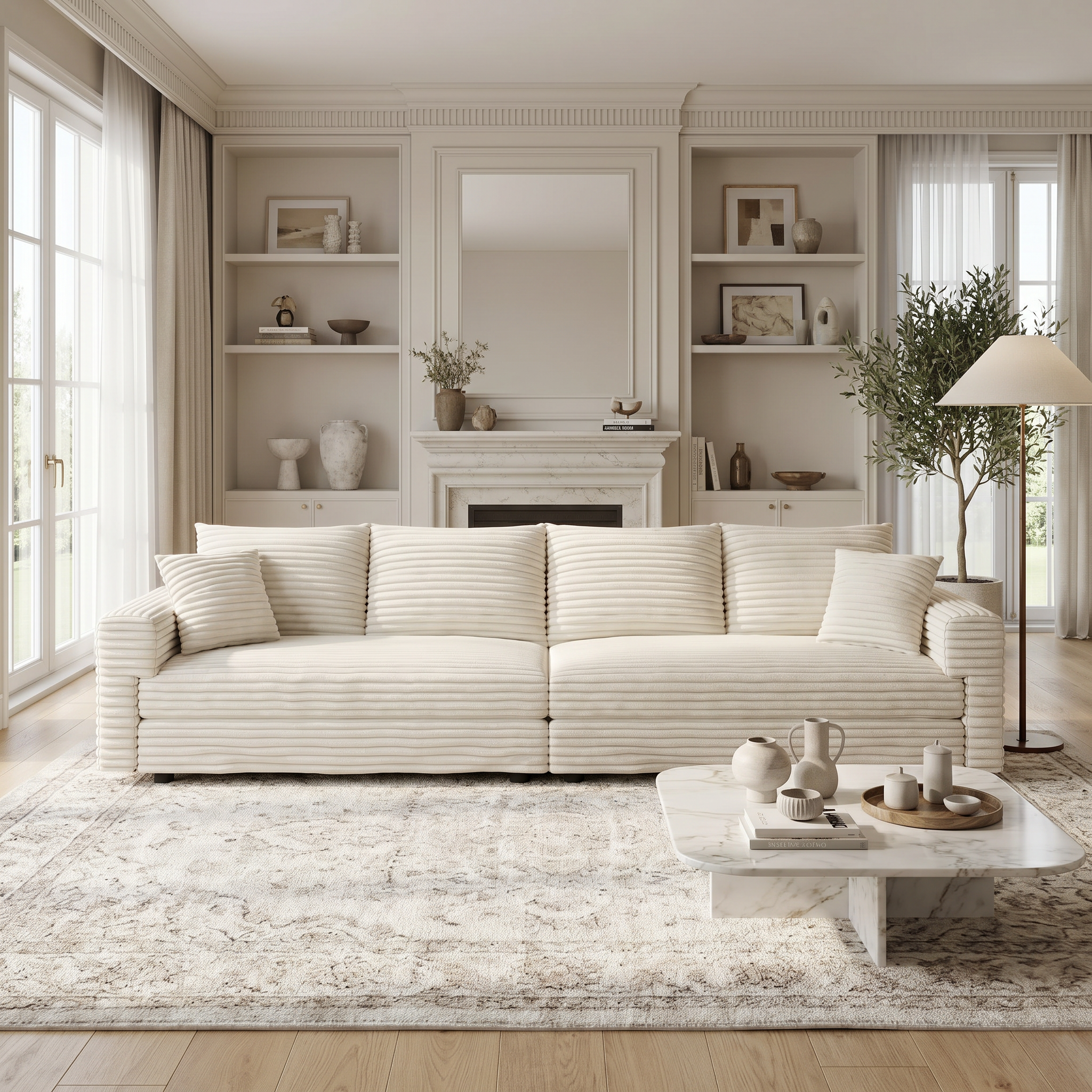Norwalk beige sofa showing lifestyle living room setup with fireplace and decor