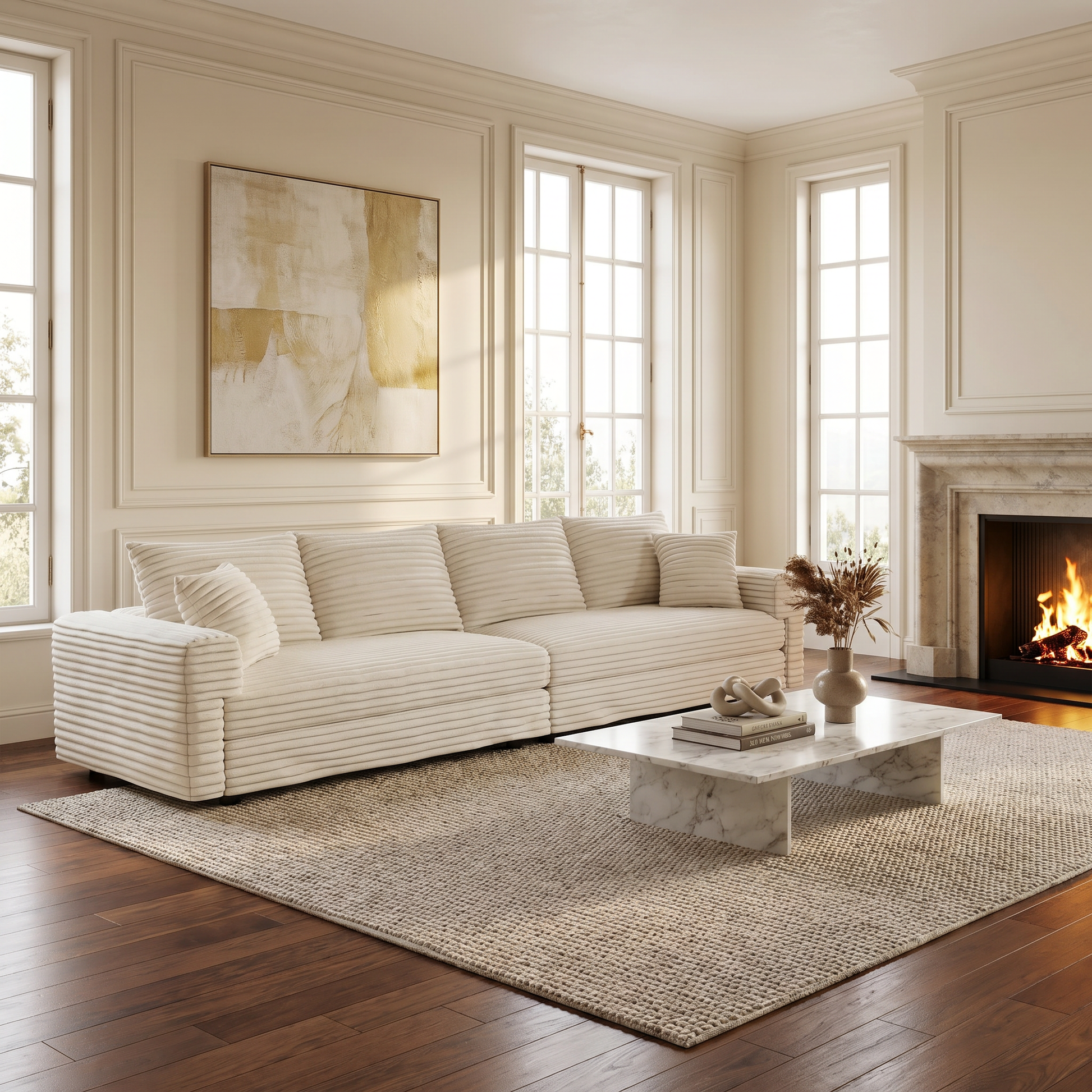Norwalk beige sofa showing lifestyle living room with fireplace