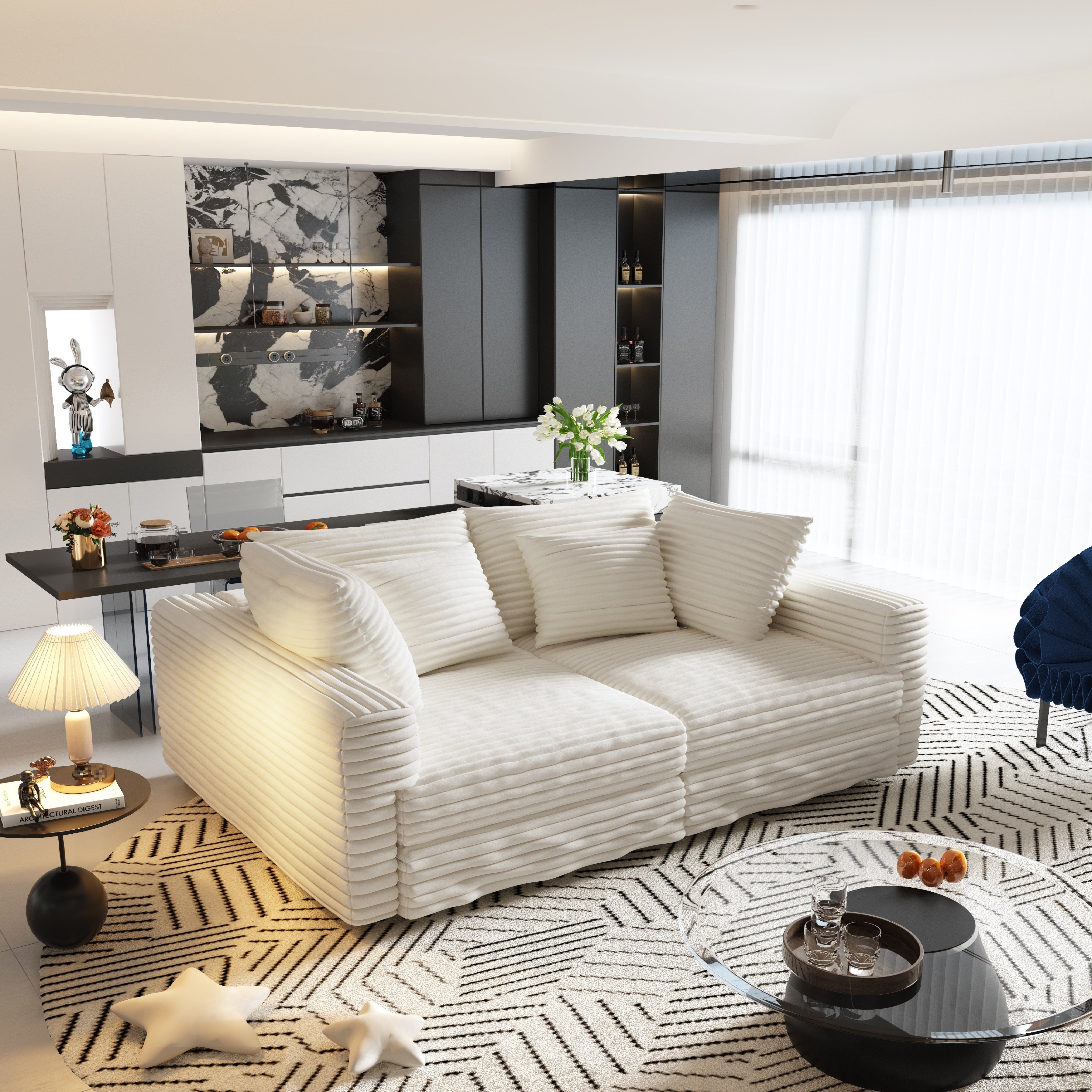 Norwalk beige sofa showing lifestyle open living and dining space