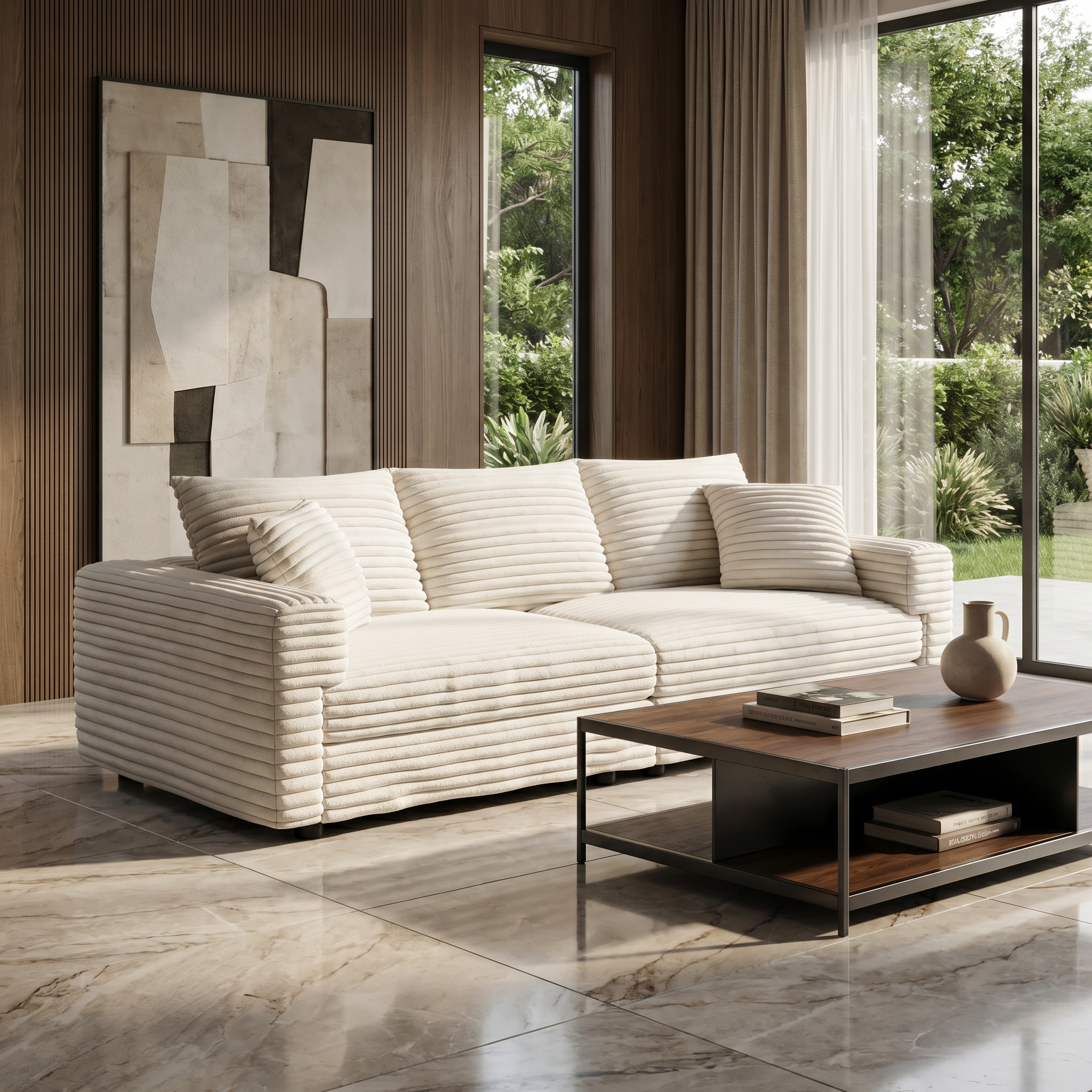  Norwalk beige sofa showing lifestyle living room with wood wall and window