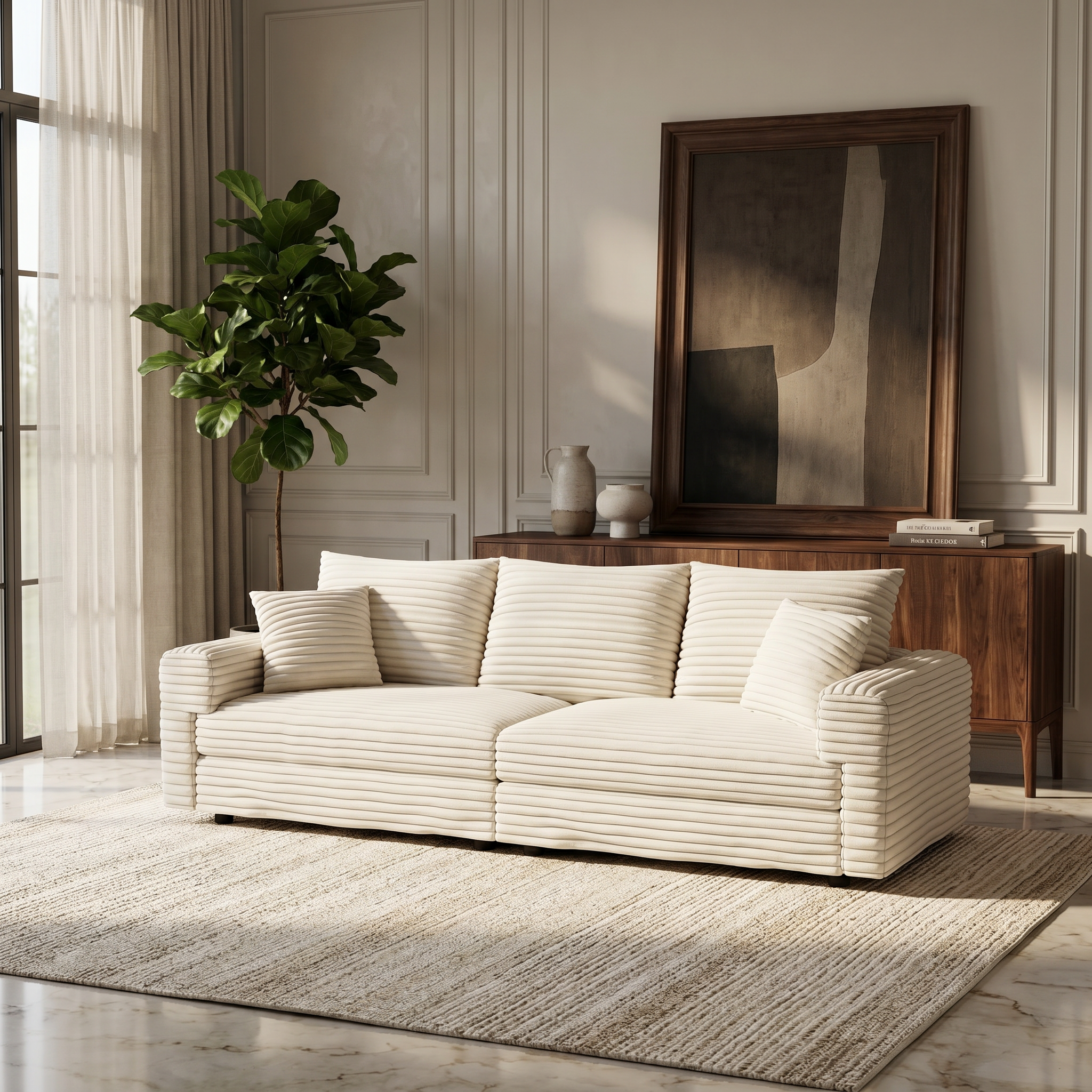 Norwalk beige sofa showing lifestyle living room with cabinet backdrop