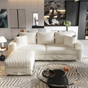 Norwalk beige corduroy sofa with ottoman showing modern open space living room