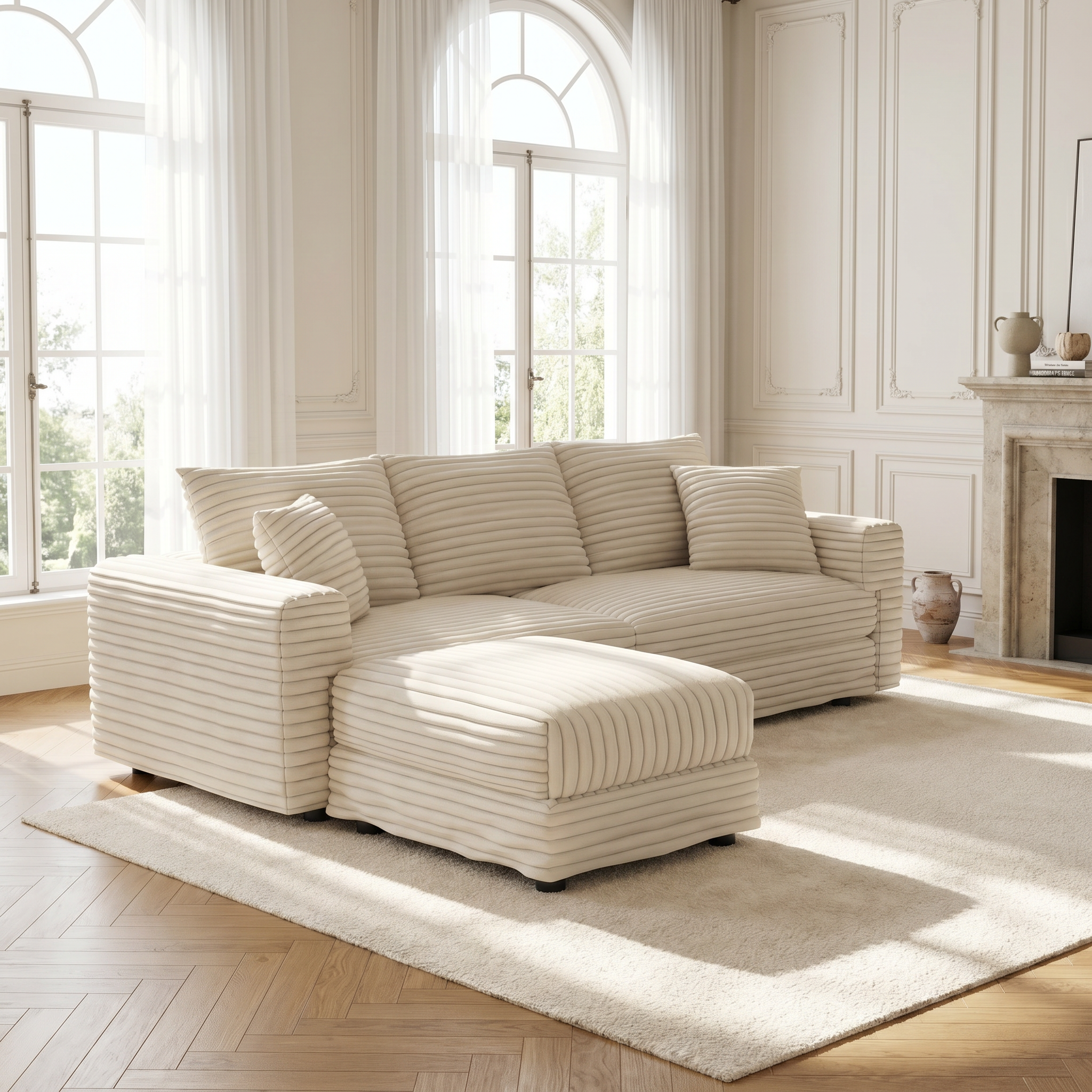 Norwalk beige corduroy sofa with ottoman showing bright elegant living room