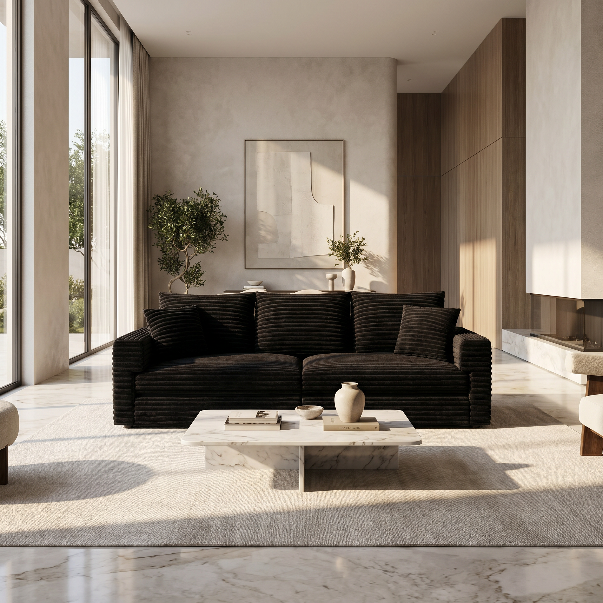  Norwalk black sofa showing modern living room with neutral interior