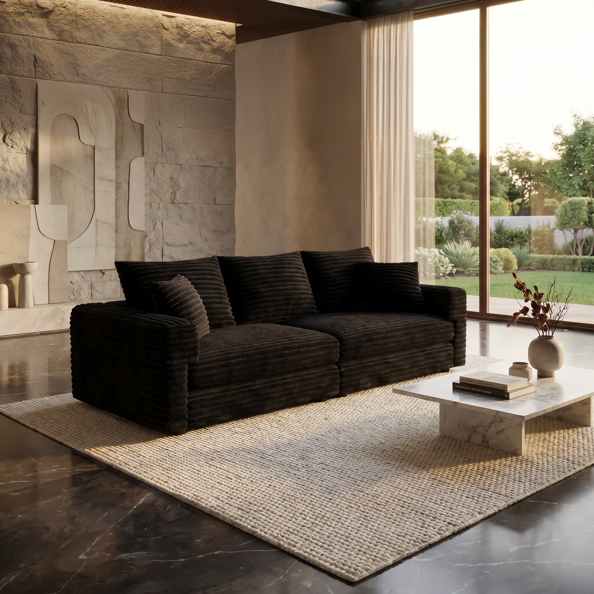 Norwalk black sofa showing living room with large window and garden view