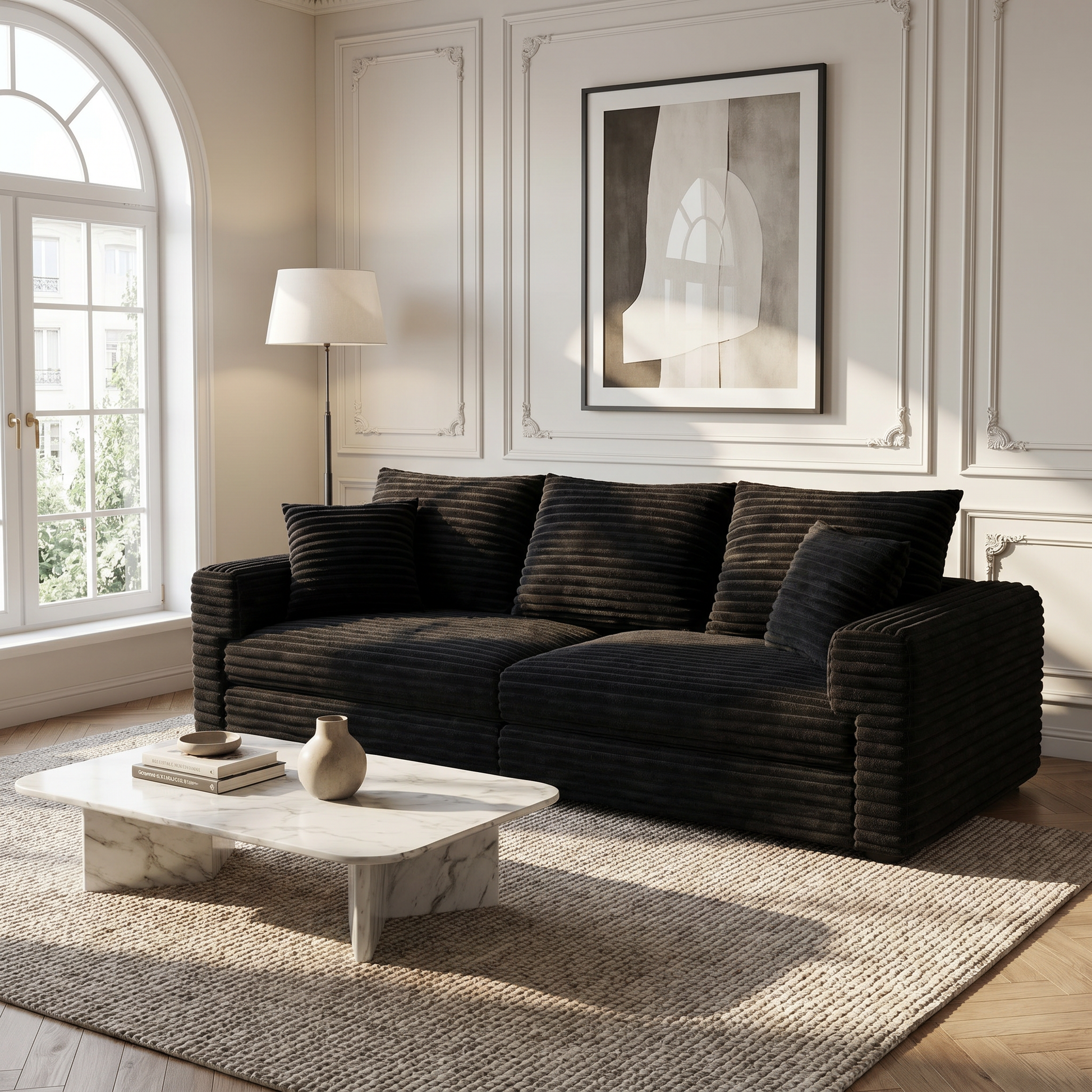  Norwalk black sofa showing elegant living room with classic wall panels