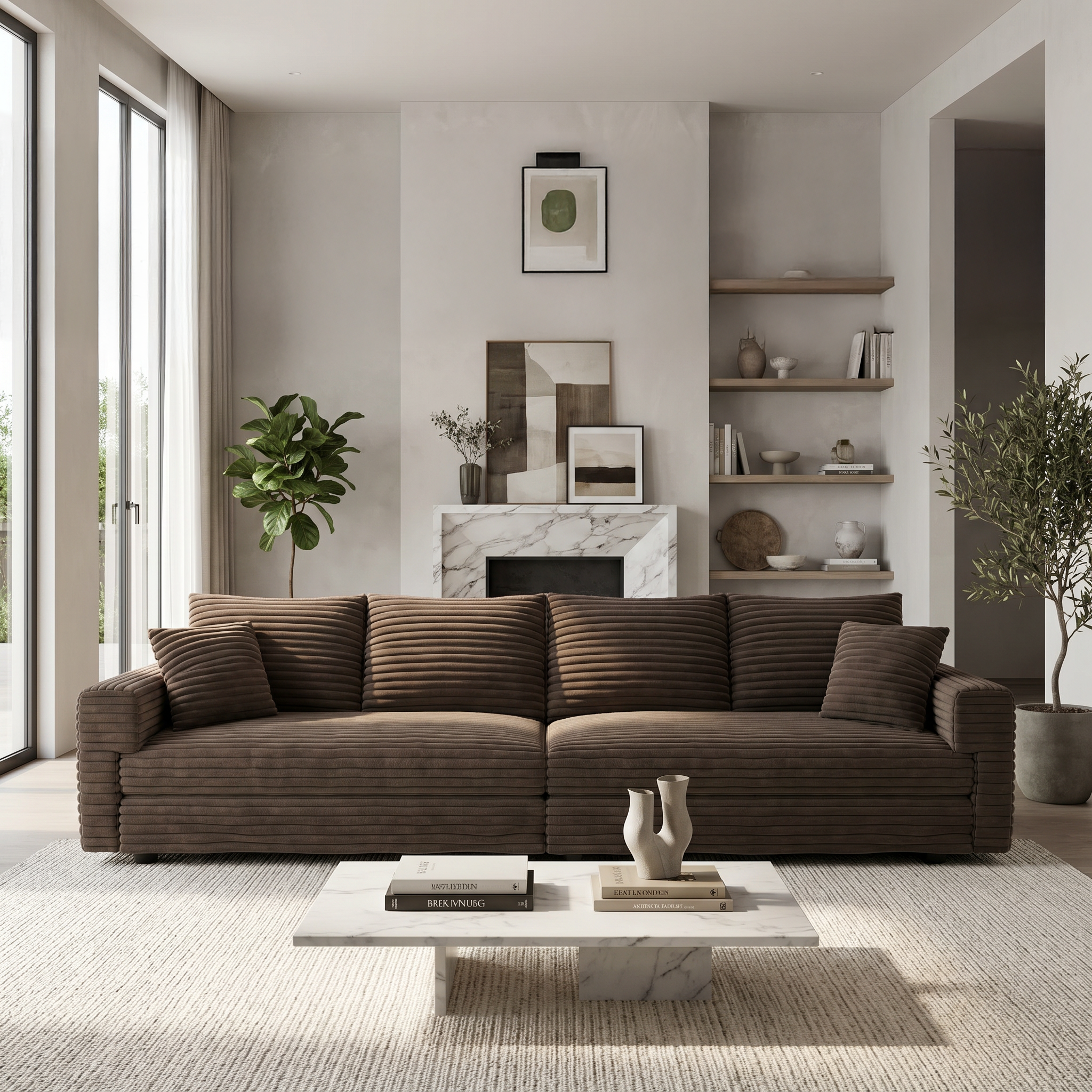 Norwalk brown sofa showing lifestyle living room with fireplace