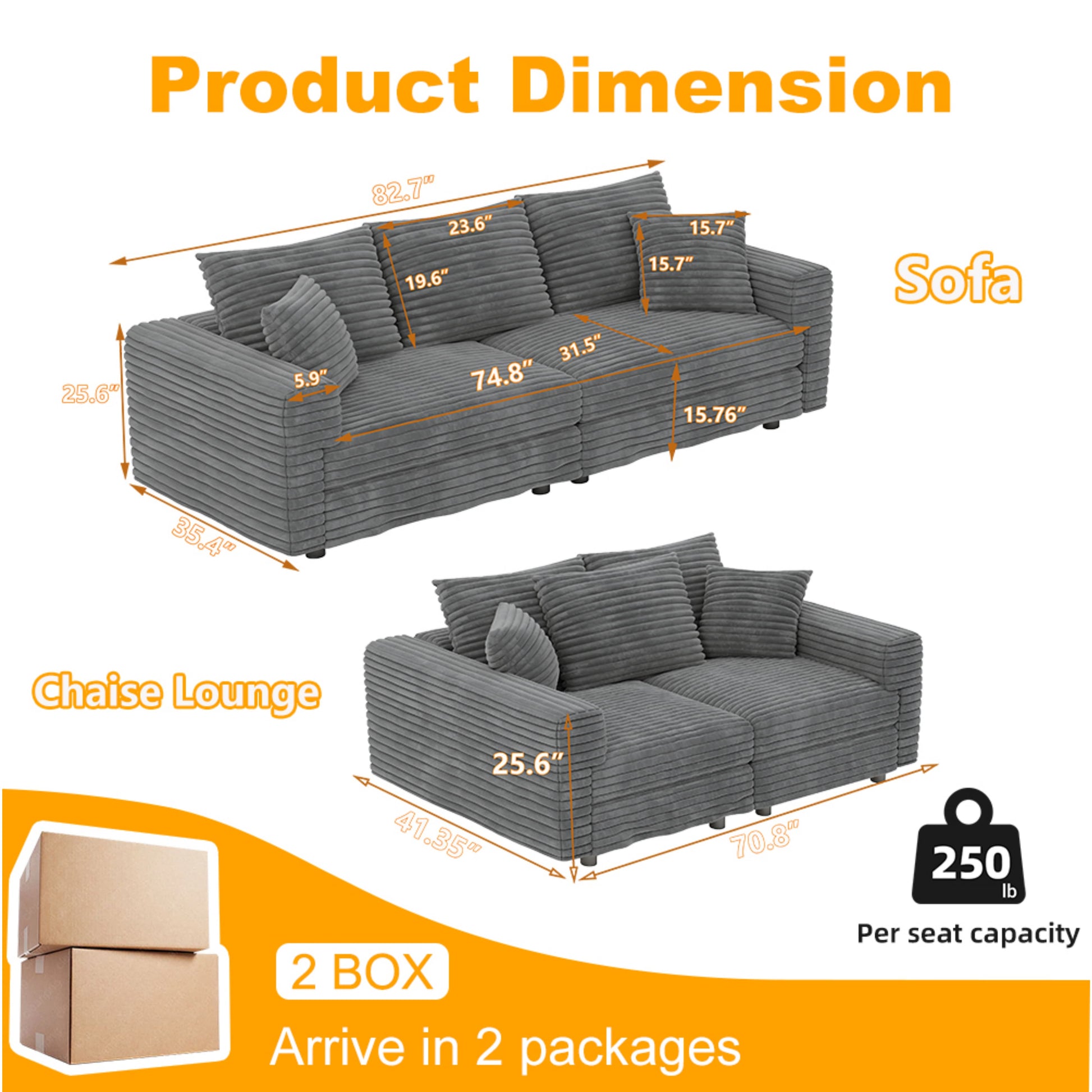 Norwalk gray sofa showing product dimensions and layout