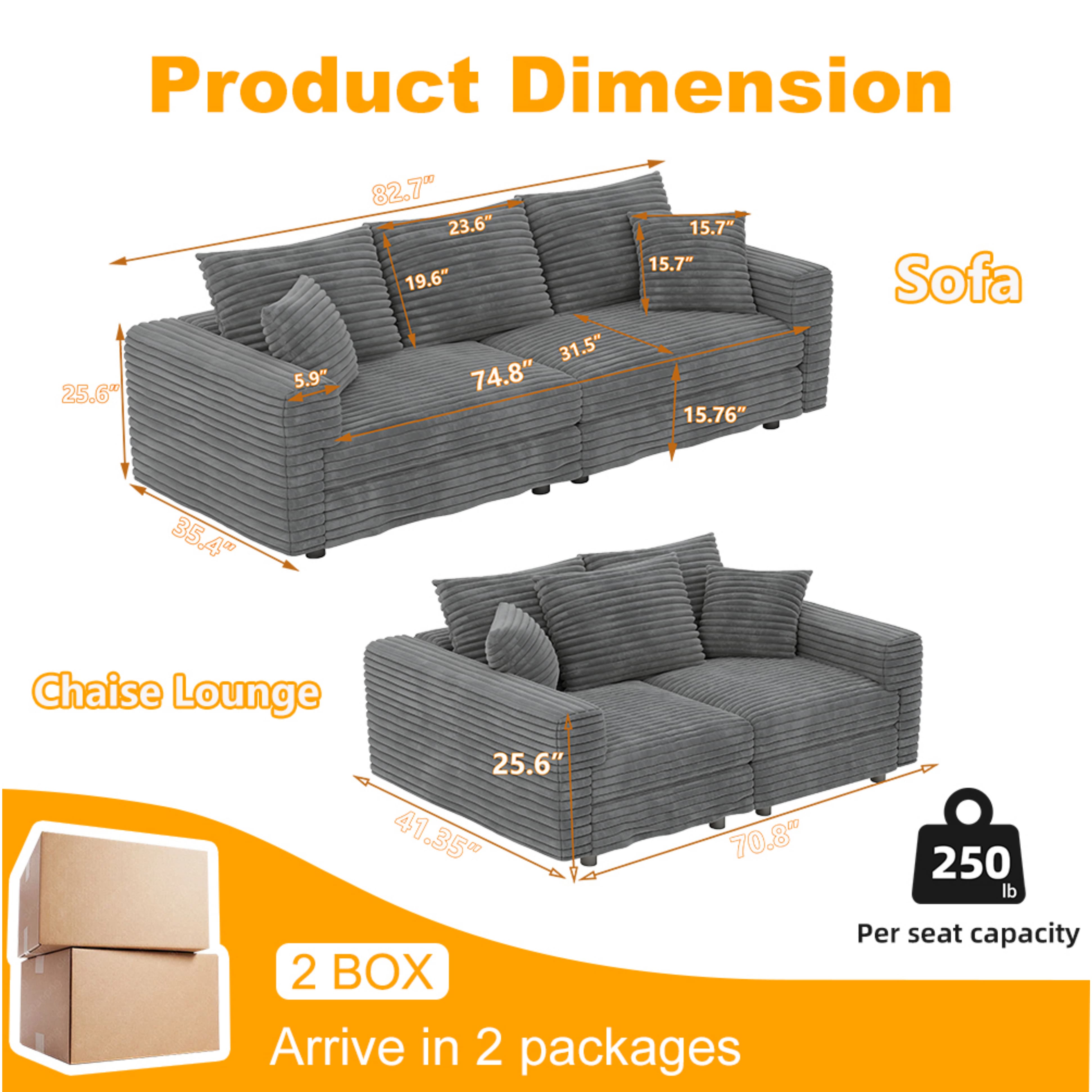 Norwalk gray sofa showing product dimensions and layout