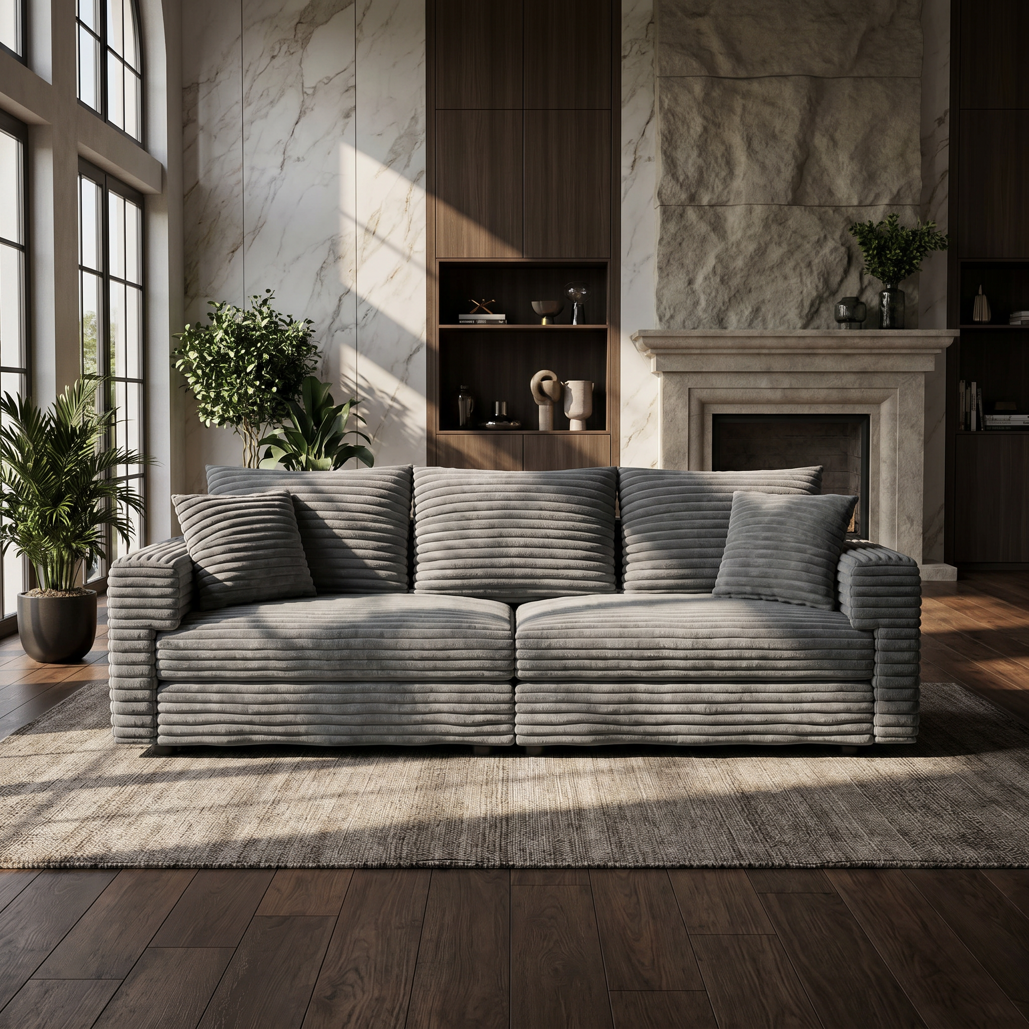 Norwalk gray sofa showing lifestyle living room with fireplace