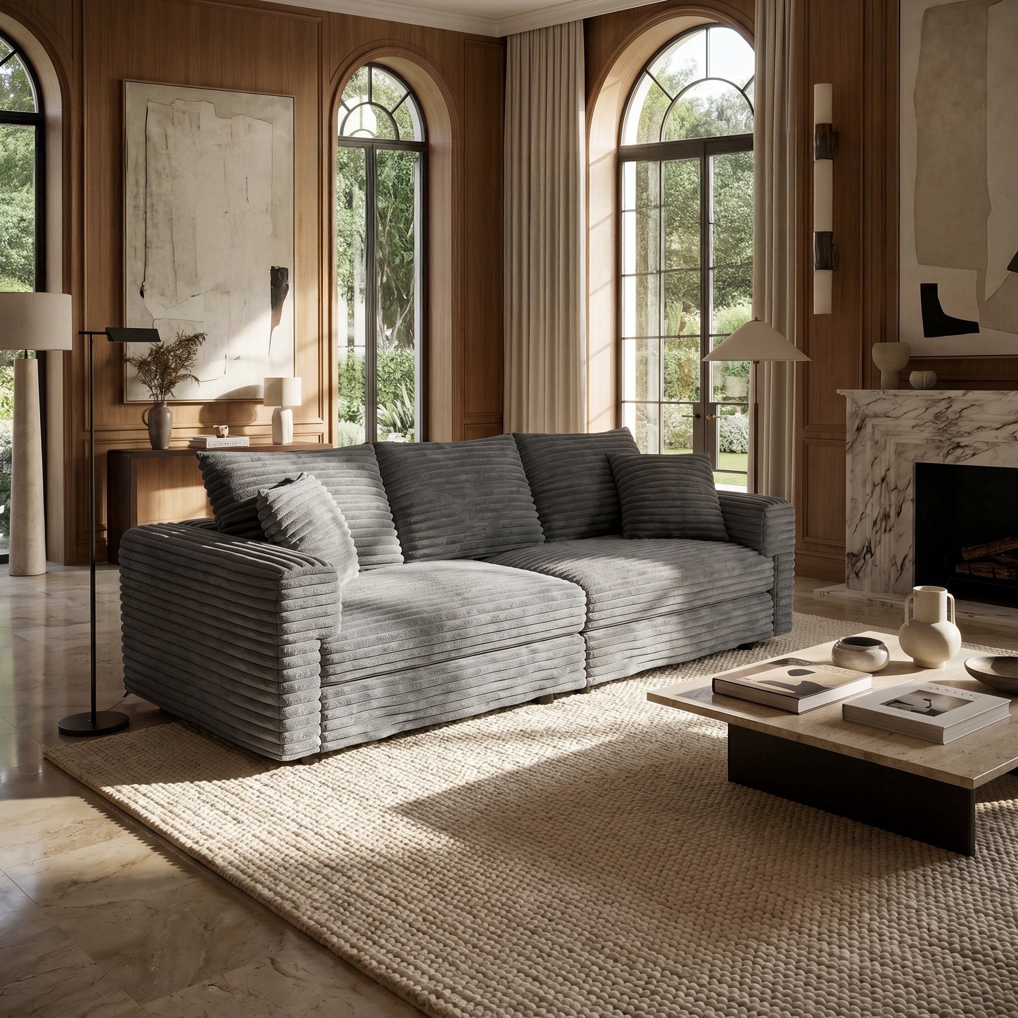 Norwalk gray sofa showing lifestyle living room with arched windows