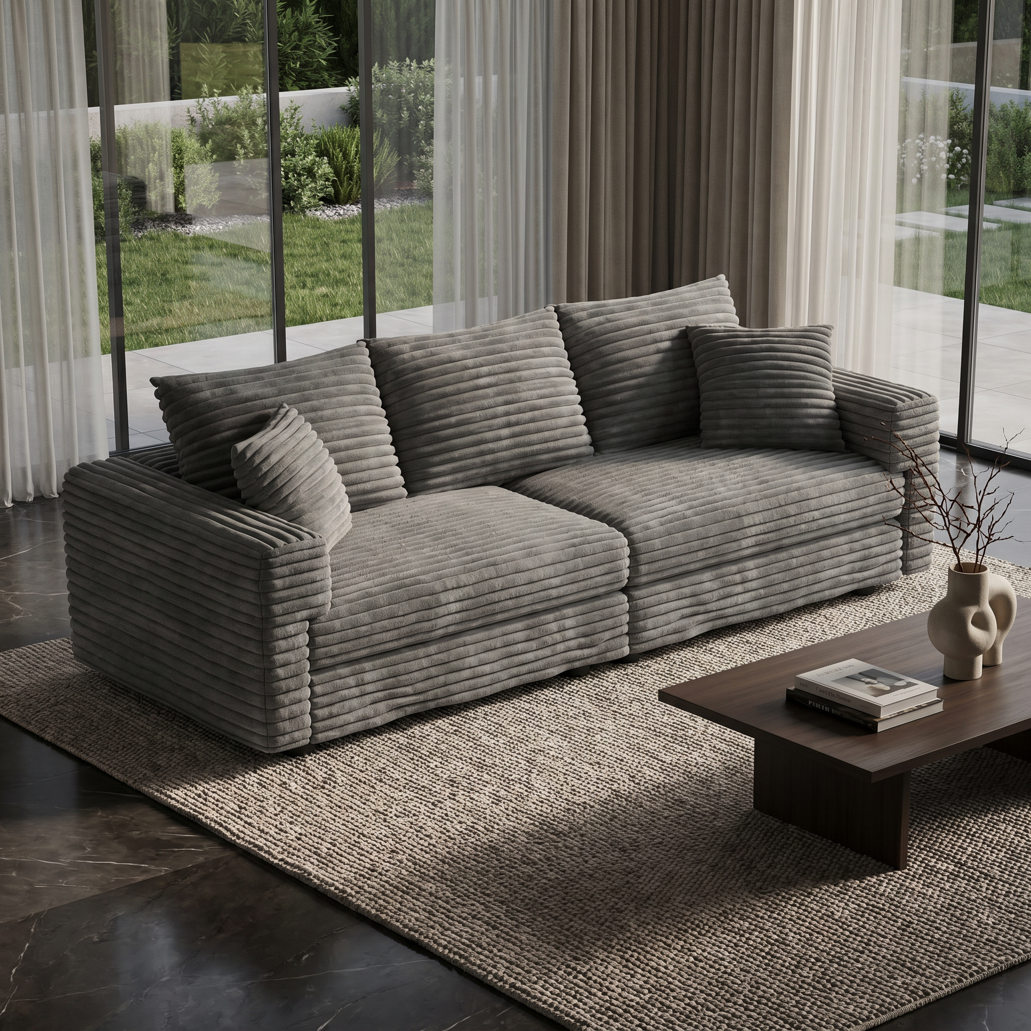 Norwalk gray sofa showing lifestyle modern living space with large windows