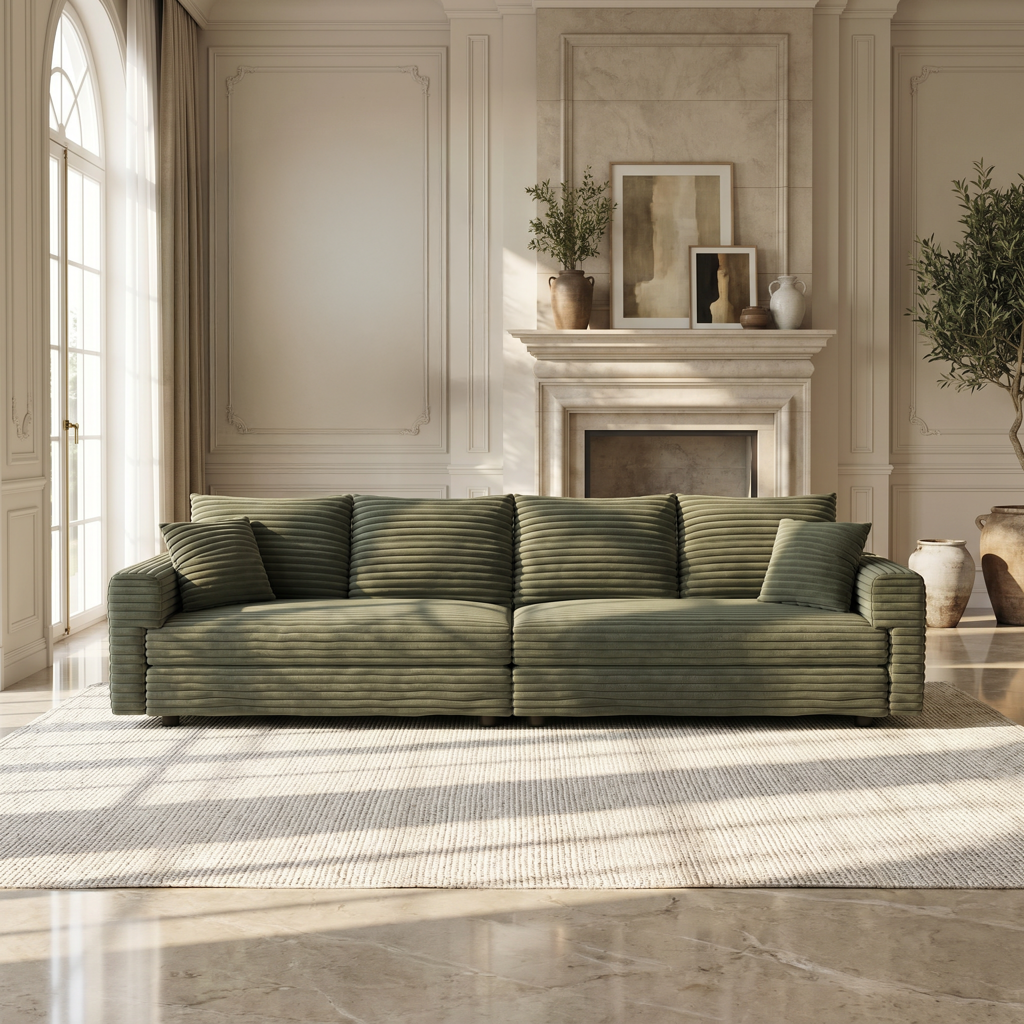 Norwalk green sofa showing lifestyle living room with fireplace