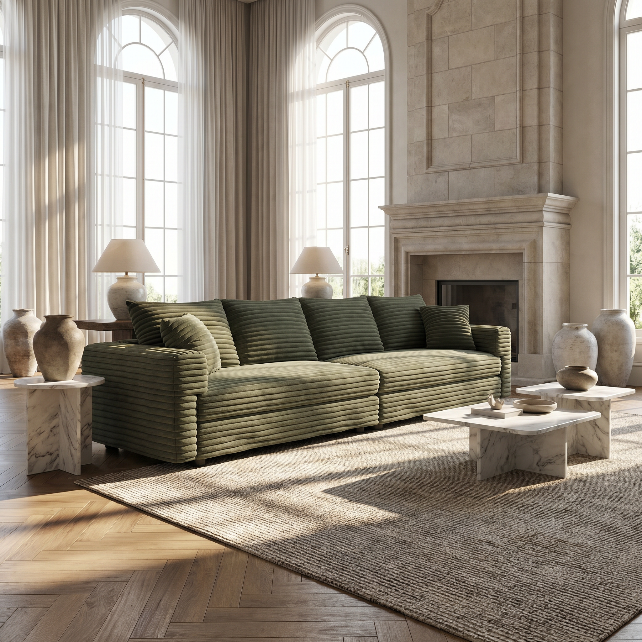 Norwalk green sofa showing lifestyle living room with large windows