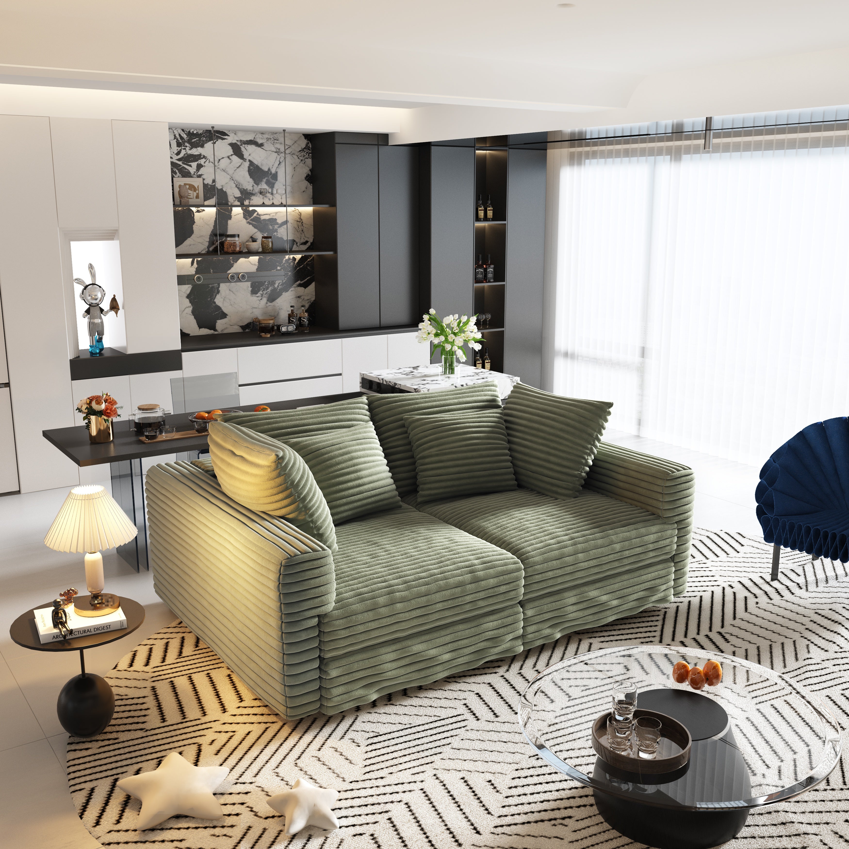 Norwalk green sofa showing lifestyle open living and dining space