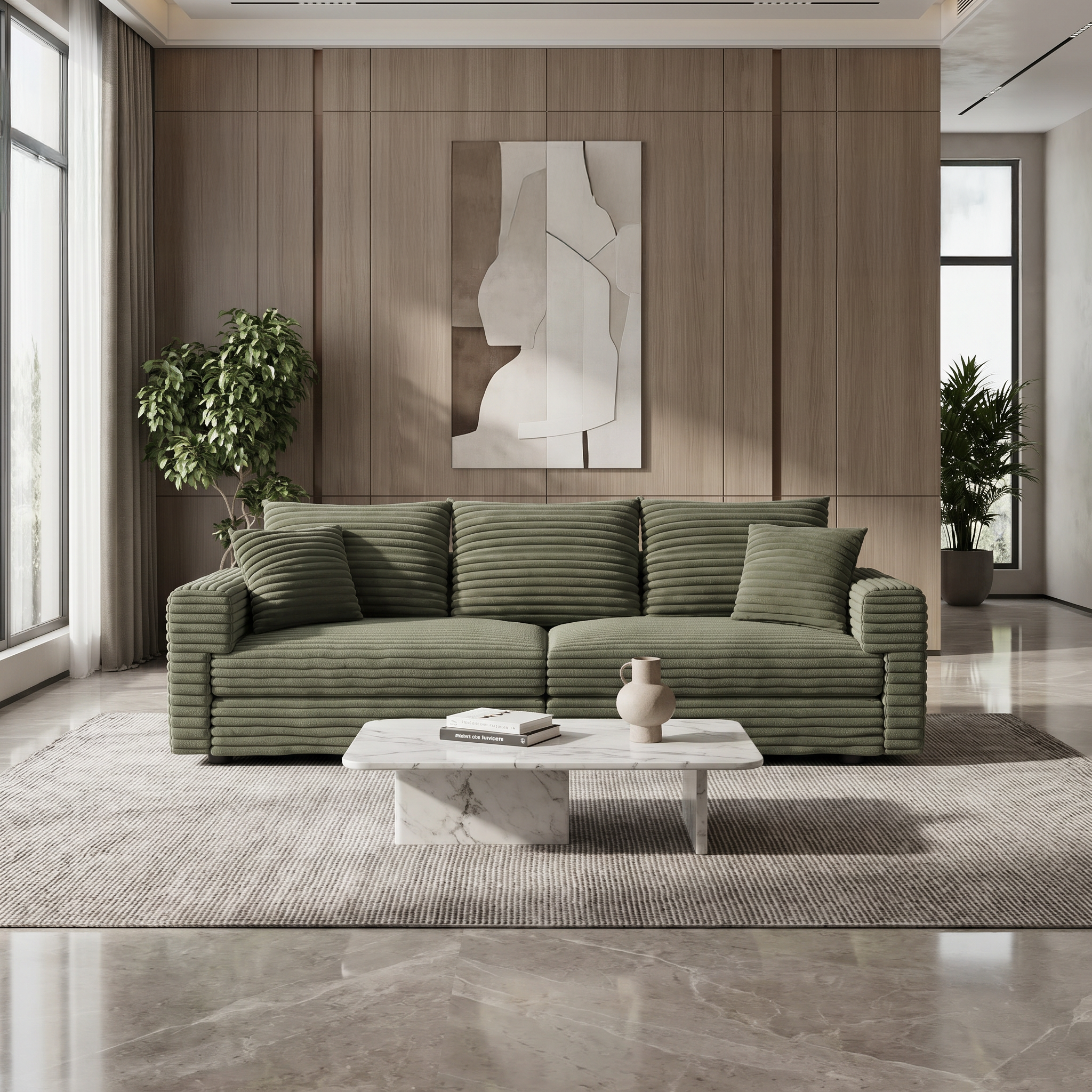 Norwalk green sofa showing lifestyle living room with wood panel wall