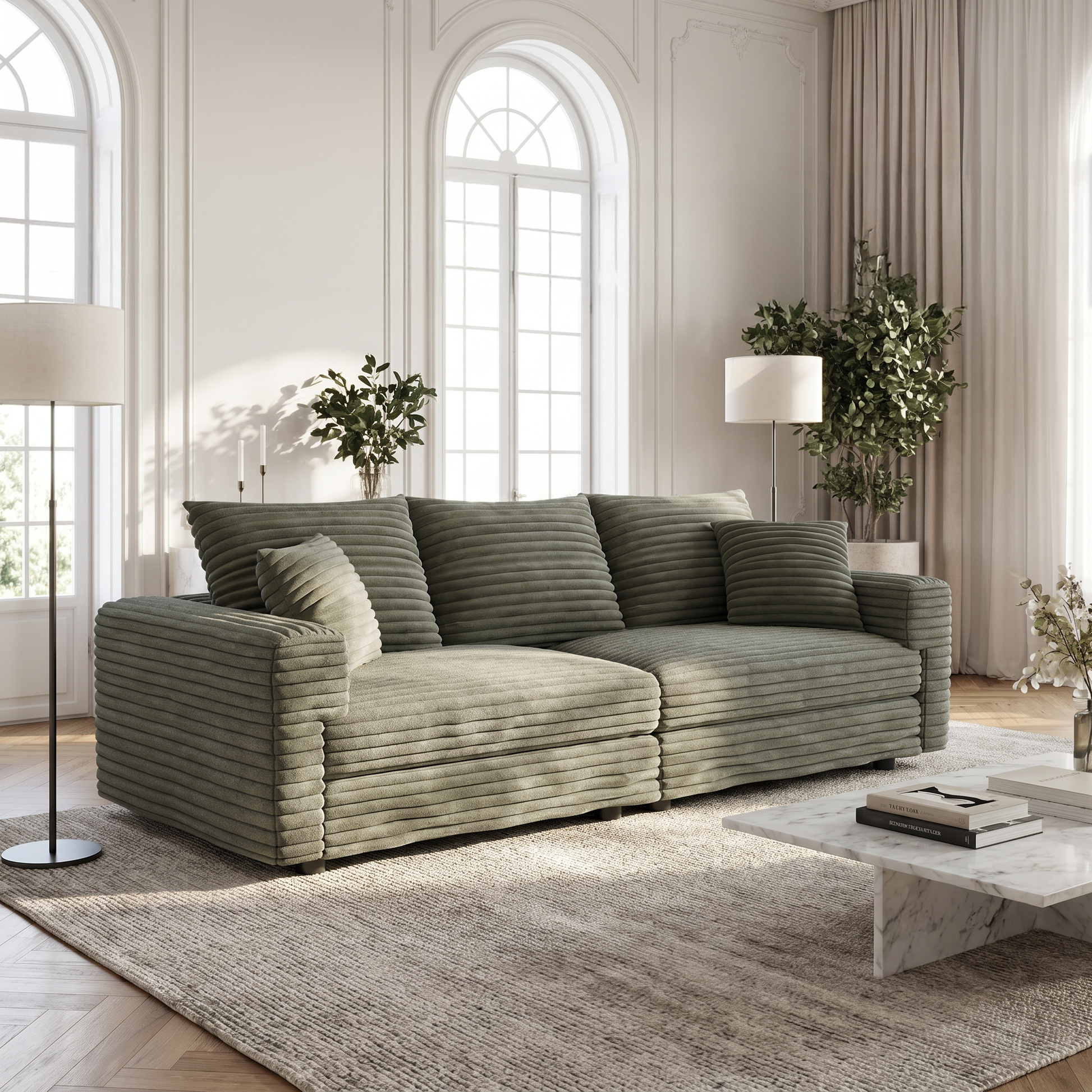 Norwalk green sofa showing lifestyle living room with arched window