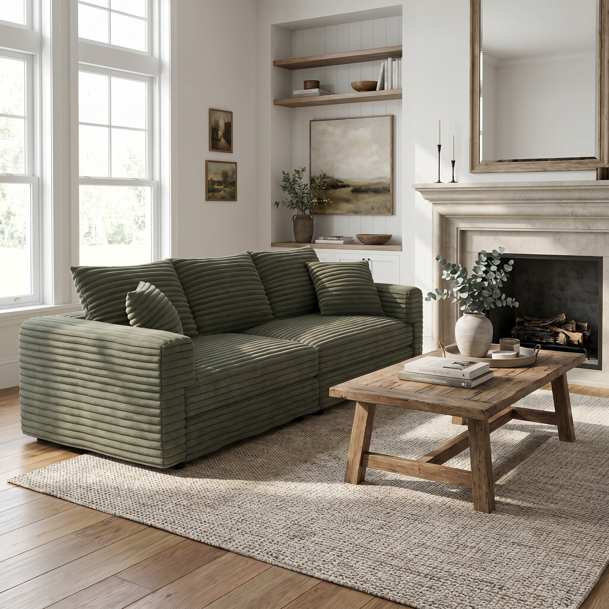 Norwalk green sofa showing lifestyle living room with fireplace setting